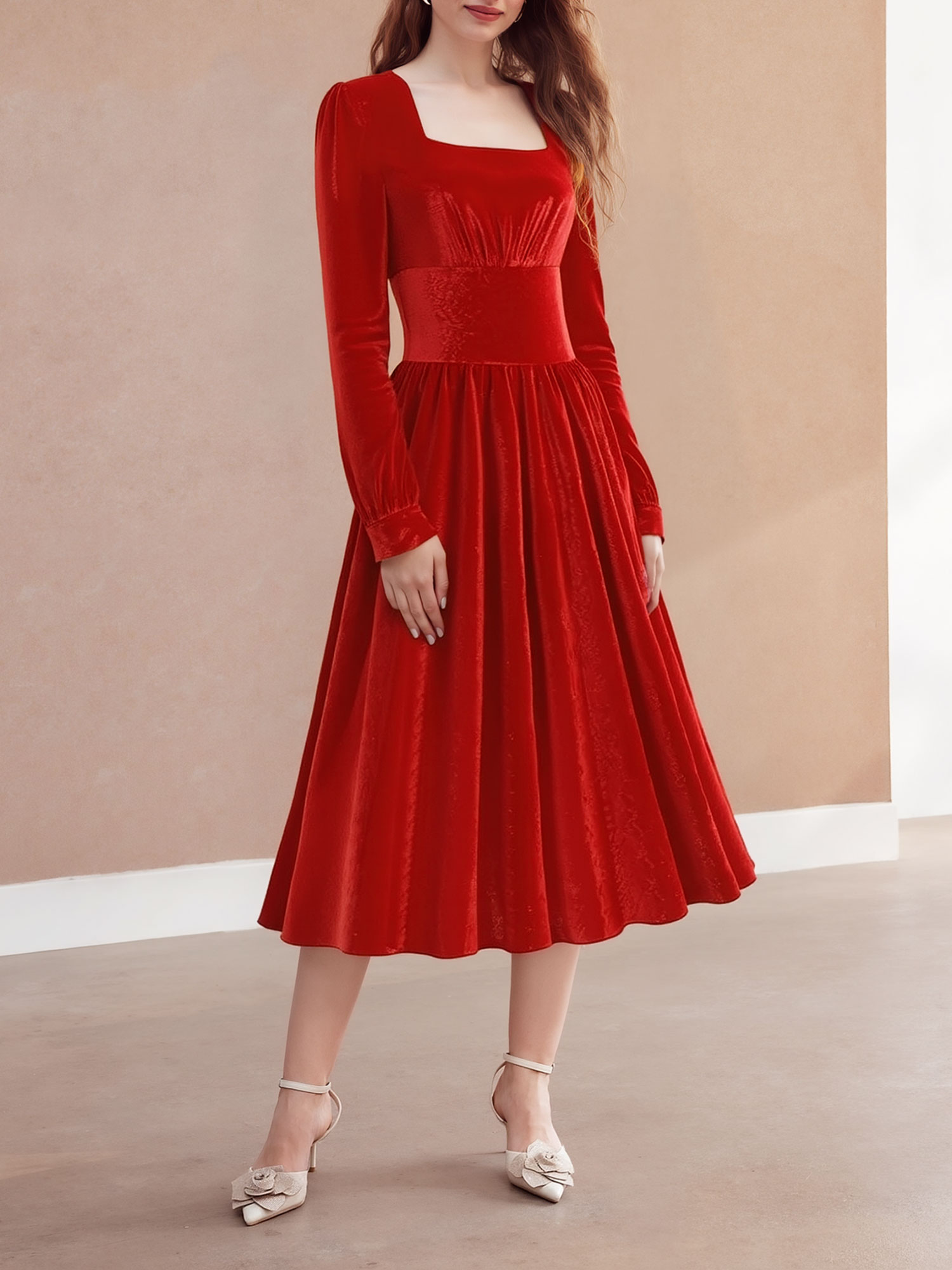 Square Neck Long Sleeve Velvet Christmas A-Line Dress Red/L