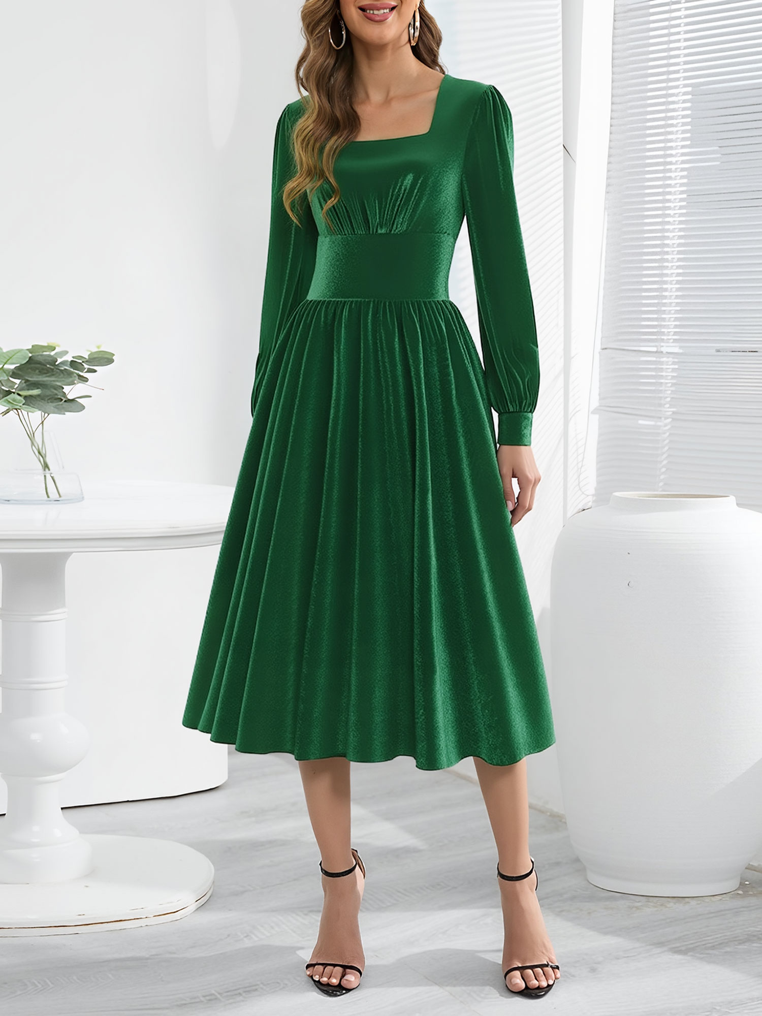 Square Neck Long Sleeve Velvet Christmas A-Line Dress Green/XS