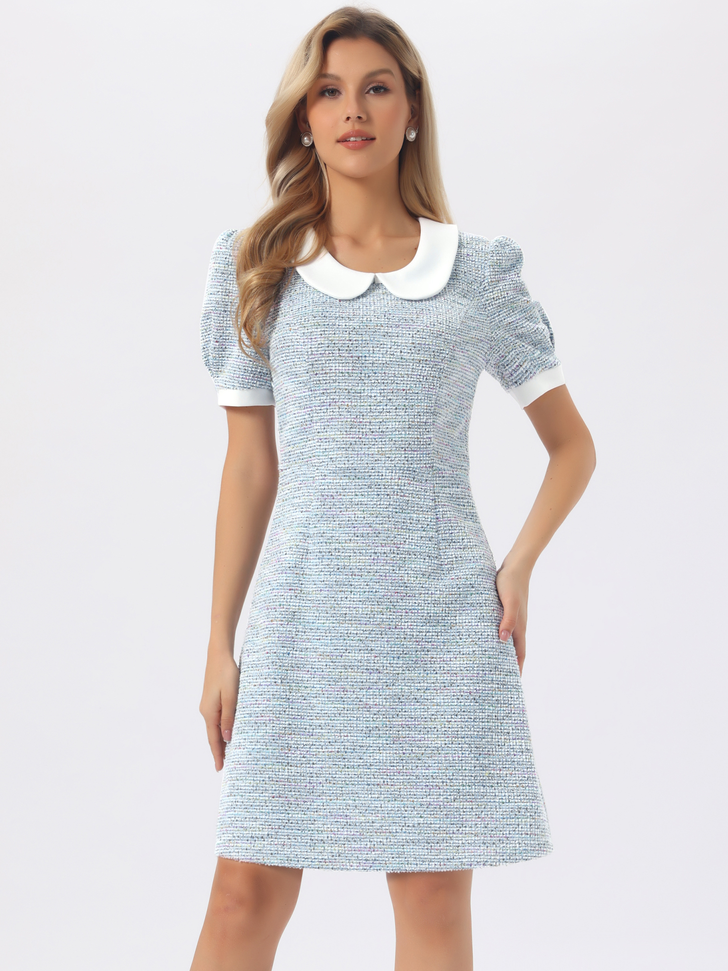 Tweed Peter Pan Collar Puff Short Sleeve A-line Midi Dress Light Blue/L