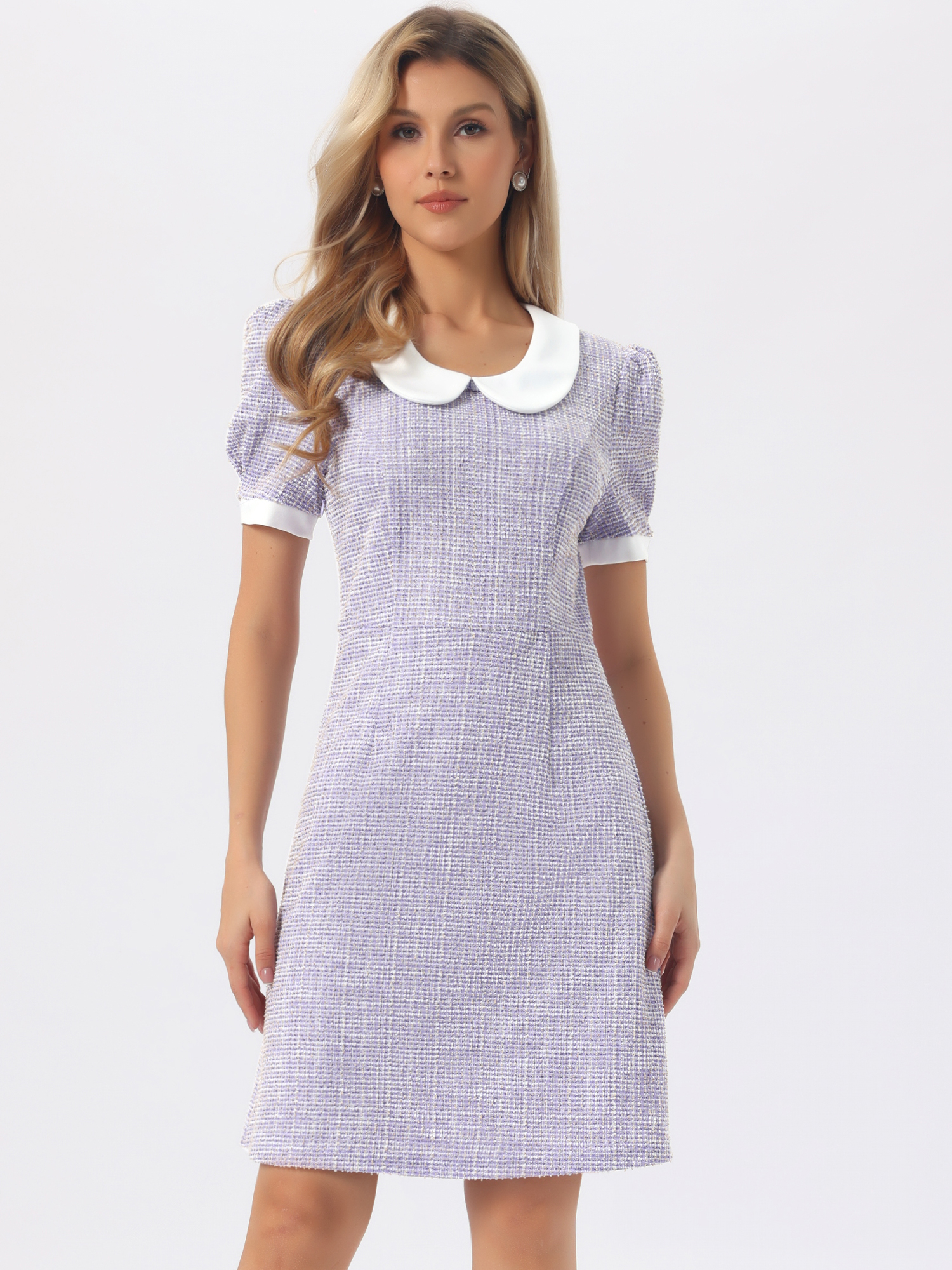 Tweed Peter Pan Collar Puff Short Sleeve A-line Midi Dress Purple/L