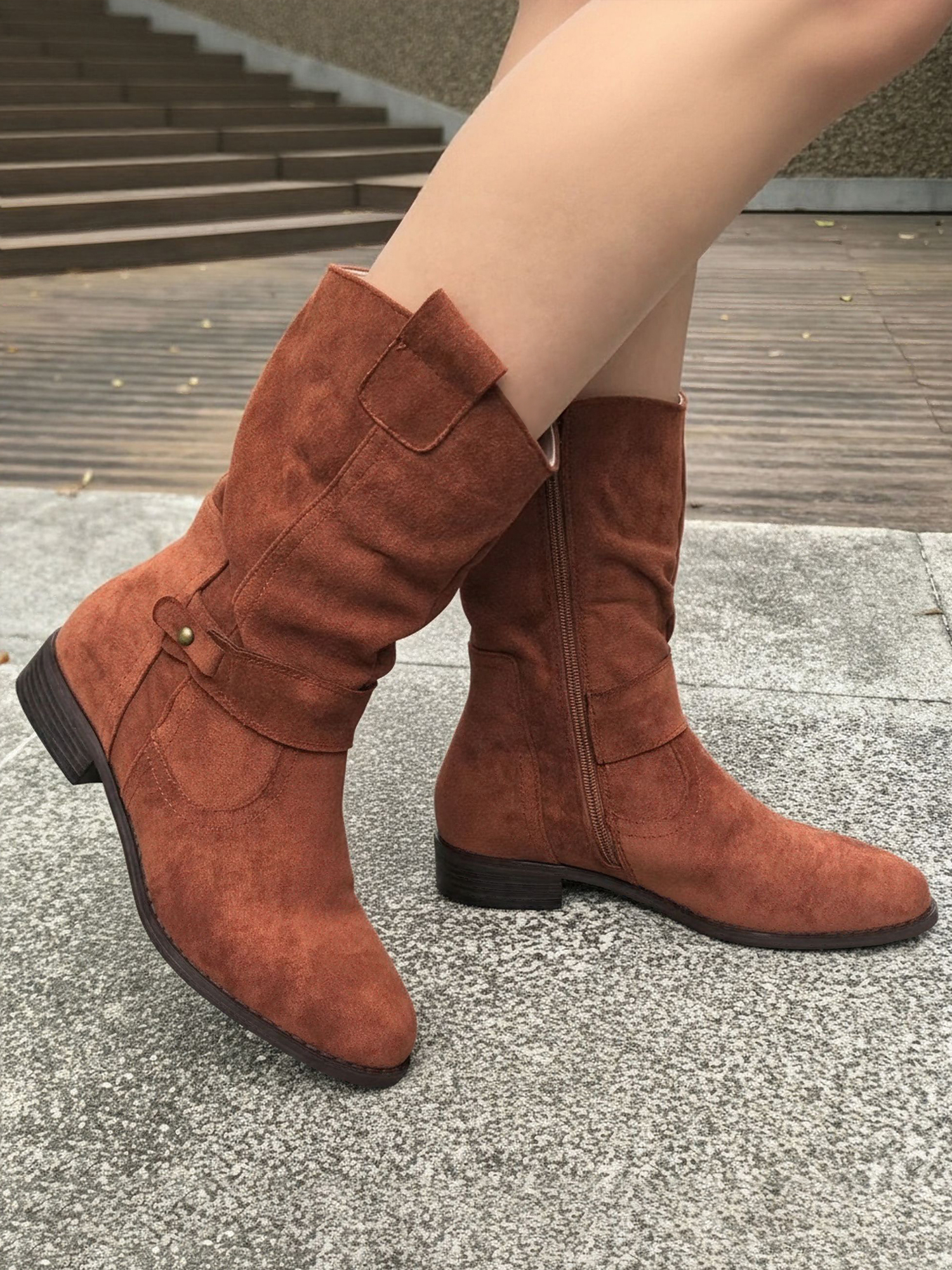 Faux Suede Low Heel Round Toe Ankle Boots Caramel/8.5