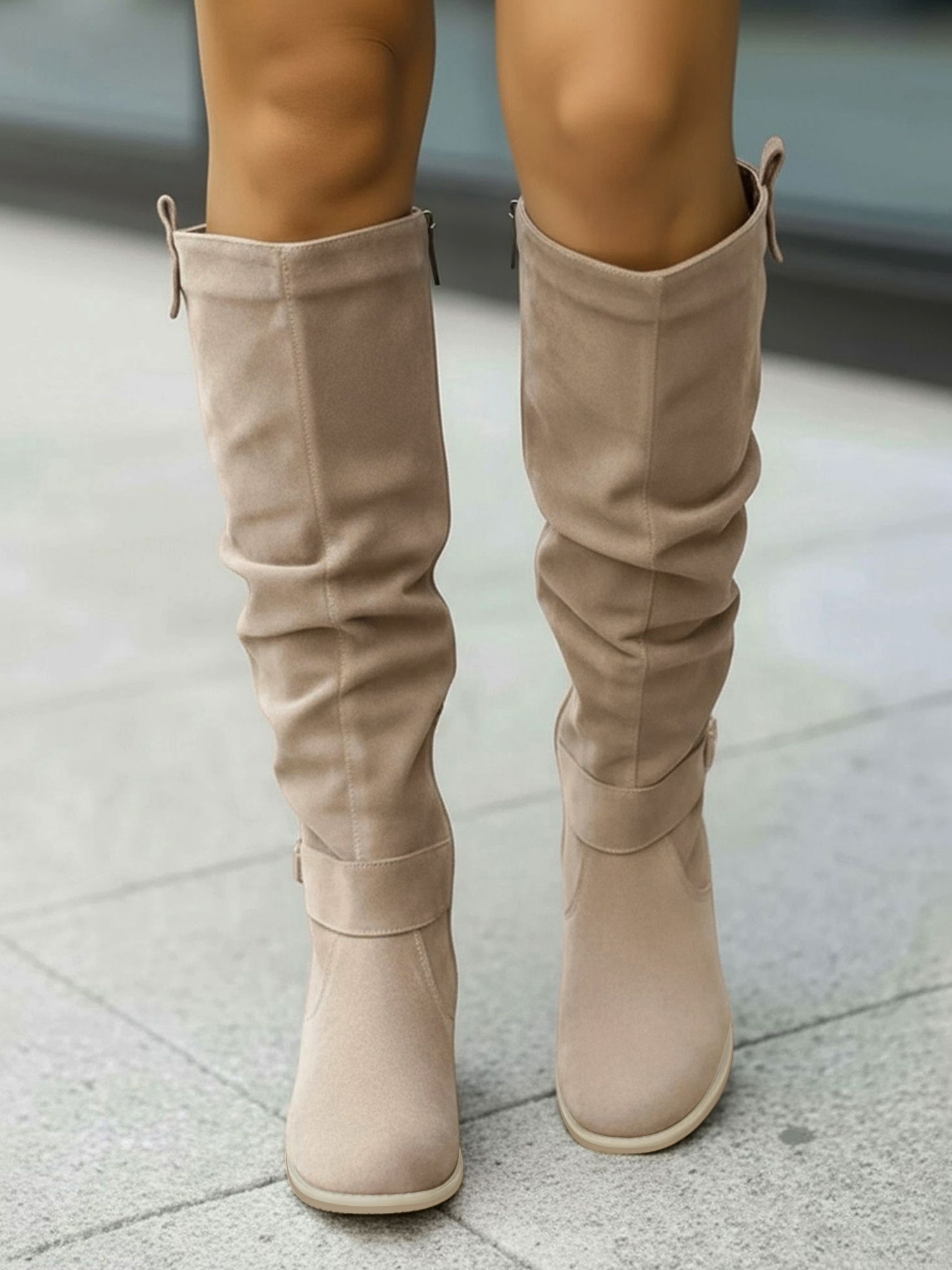 Faux Suede Round Toe Side Zipper Knee High Boots Apricot/7