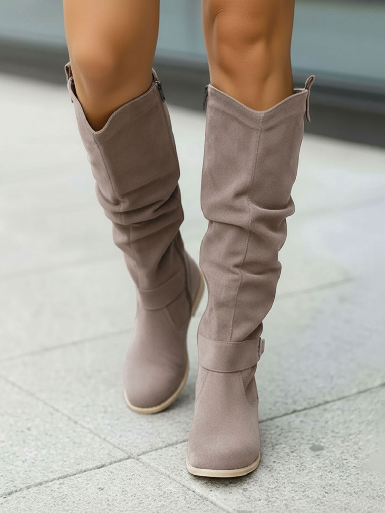 Faux Suede Round Toe Side Zipper Knee High Boots Gray/8.5