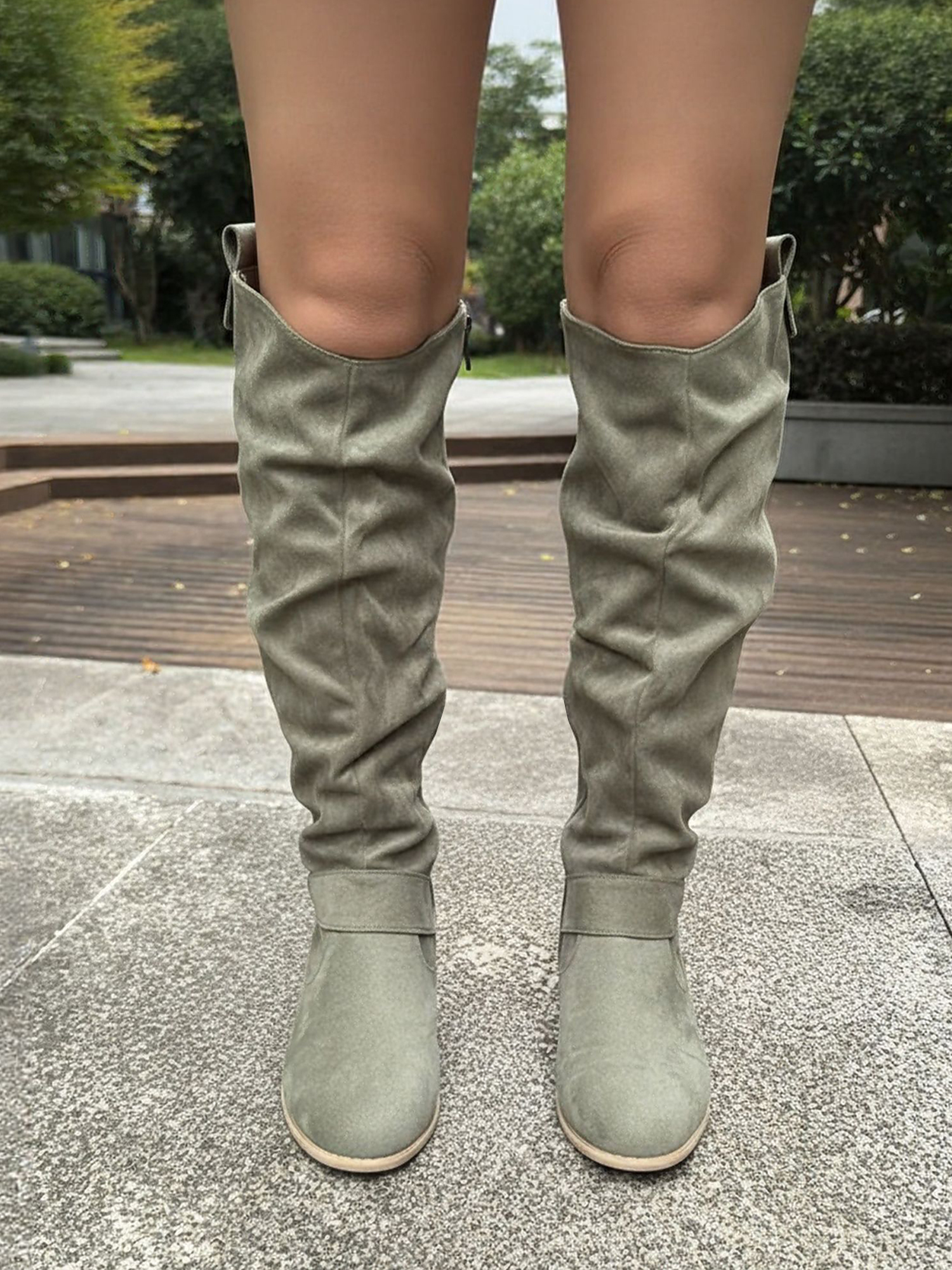 Faux Suede Round Toe Side Zipper Knee High Boots Army Green/10