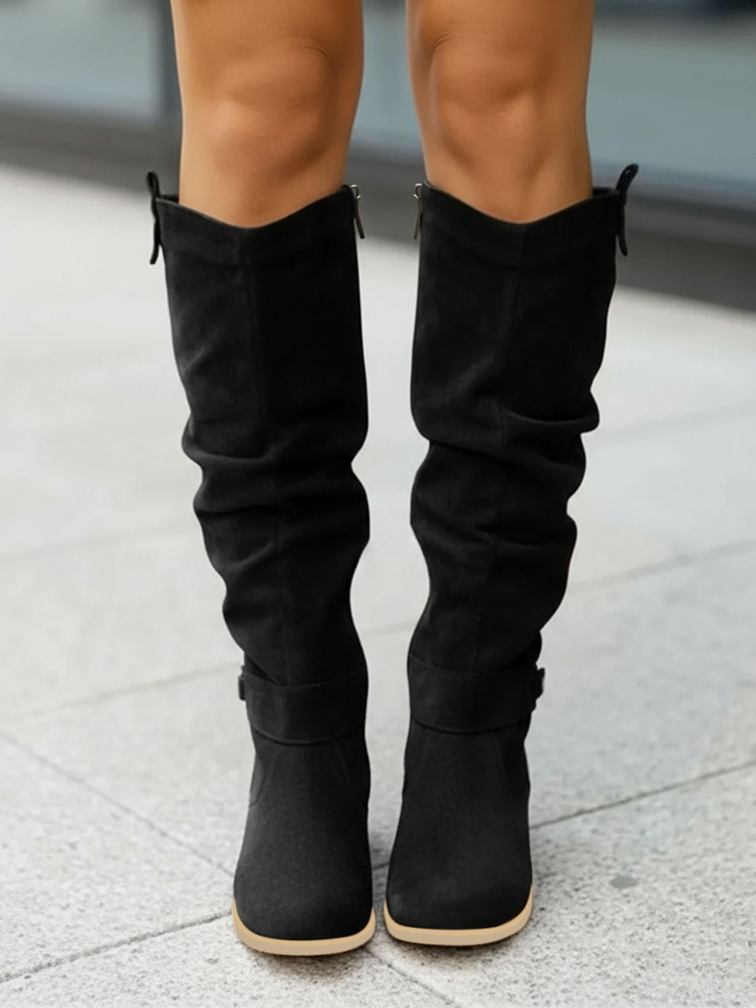 Faux Suede Round Toe Side Zipper Knee High Boots Black/5.5