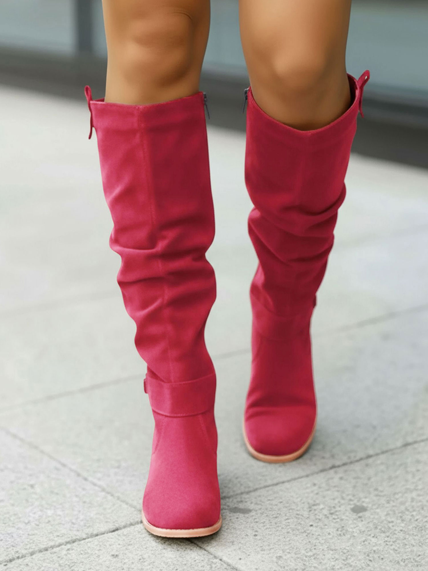 Faux Suede Round Toe Side Zipper Knee High Boots Burgundy/4