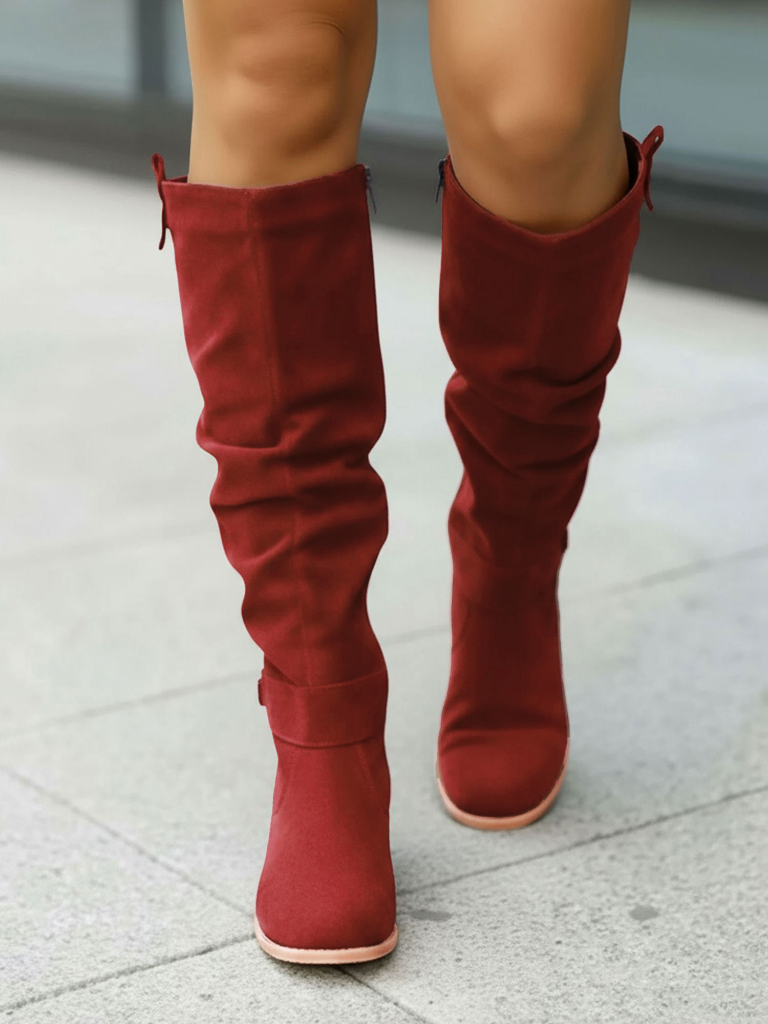 Faux Suede Round Toe Side Zipper Knee High Boots Burgundy/8