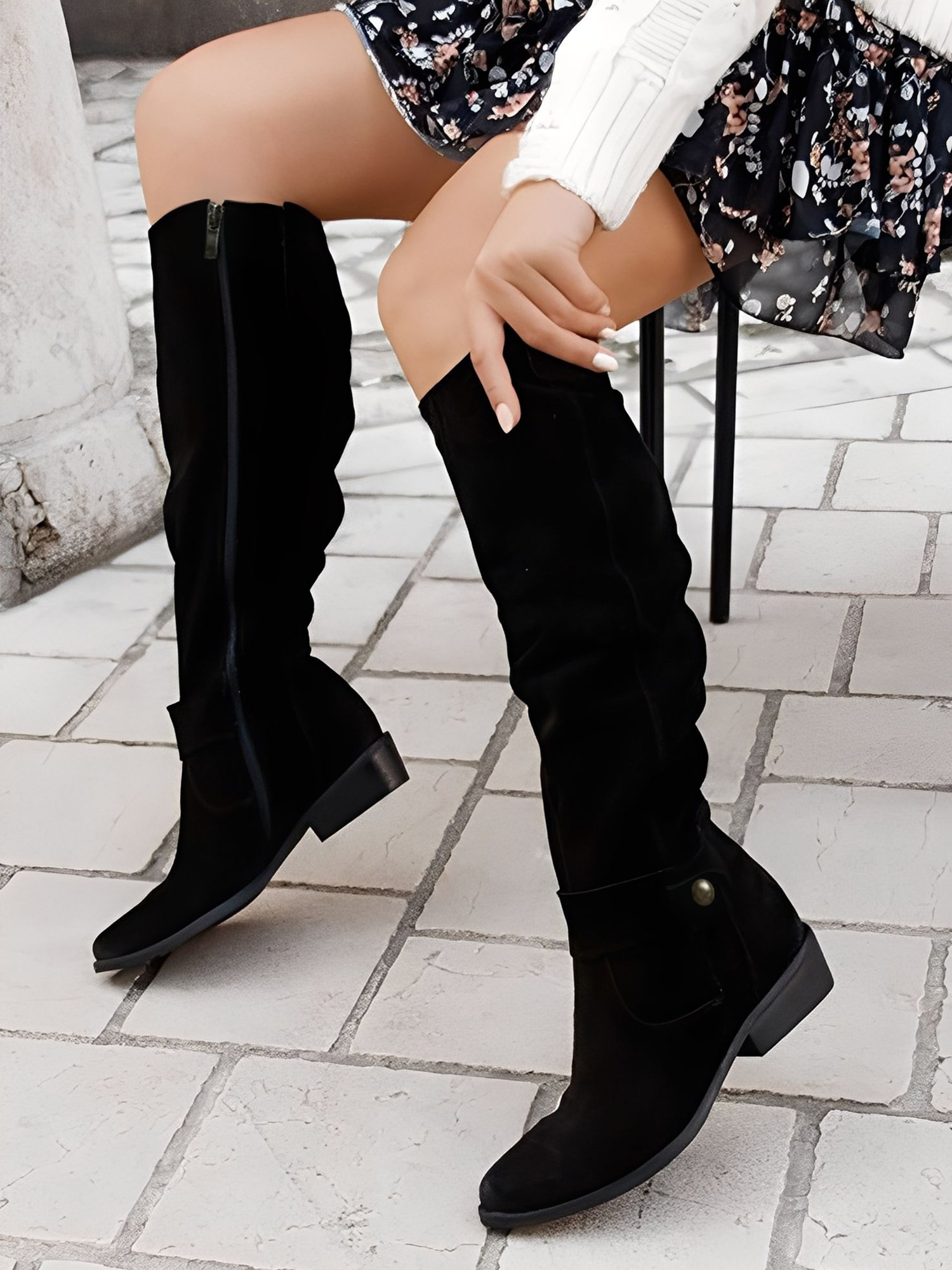 Faux Suede Round Toe Low Heels Knee High Boots Black/11