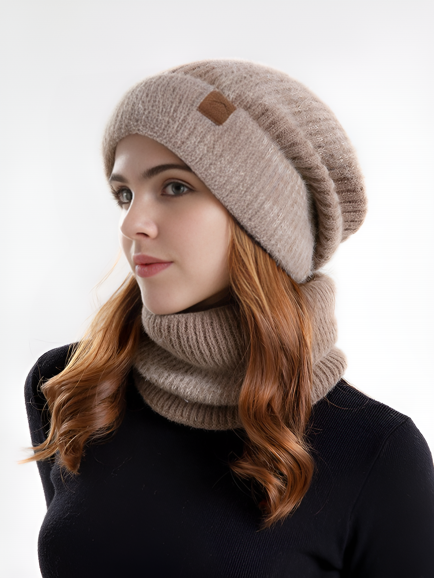 2 Pieces Knitted Beanie Hat & Scarf Set Khaki/M