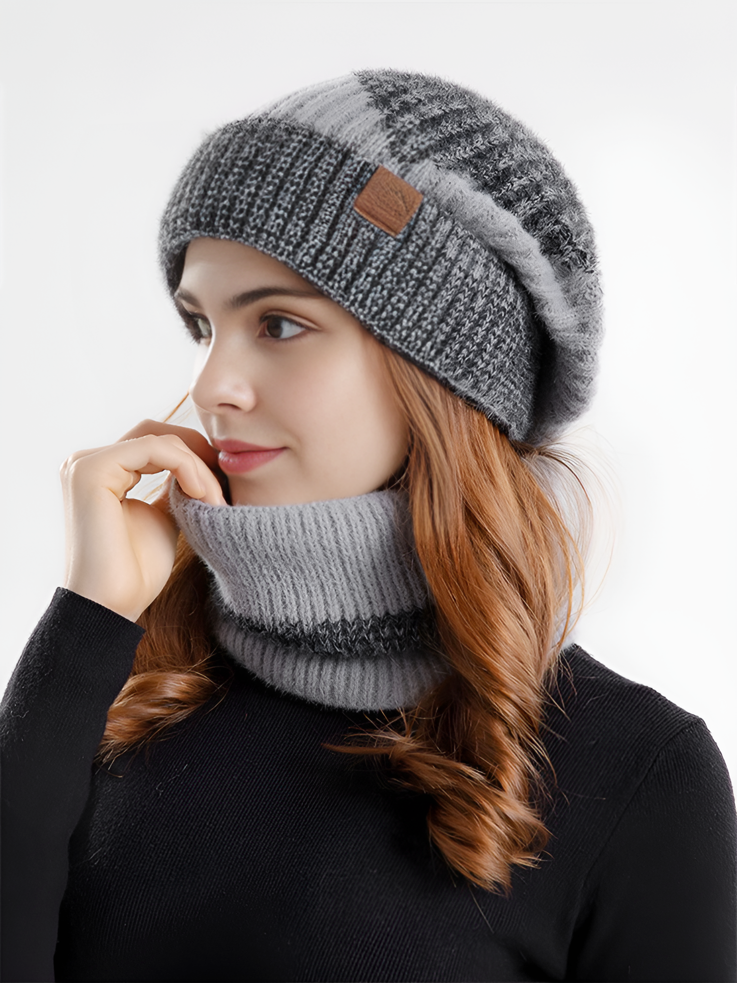 2 Pieces Knitted Beanie Hat & Scarf Set Grey/M
