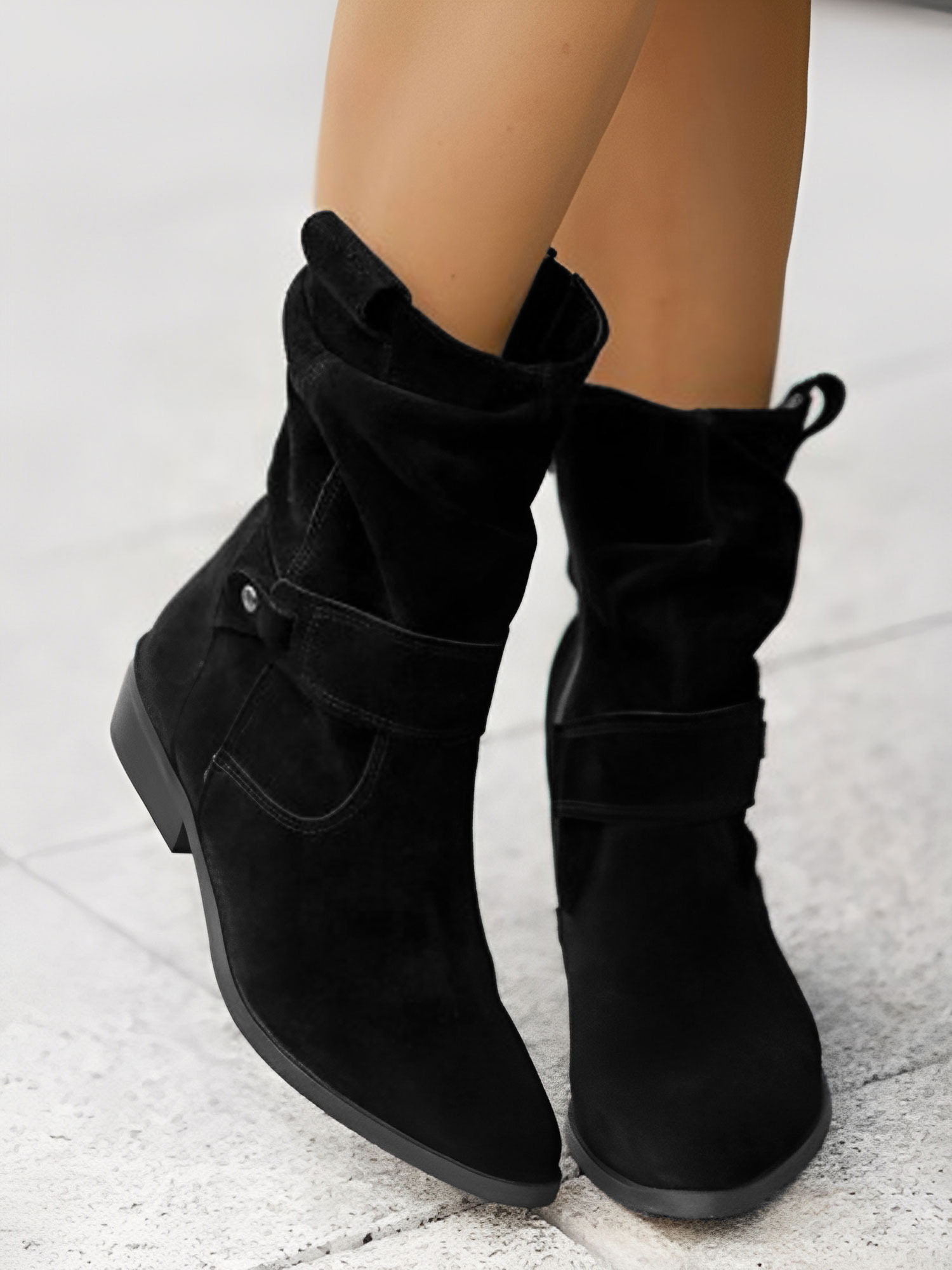 Faux Suede Low Heel Round Toe Ankle Boots Black/9.5