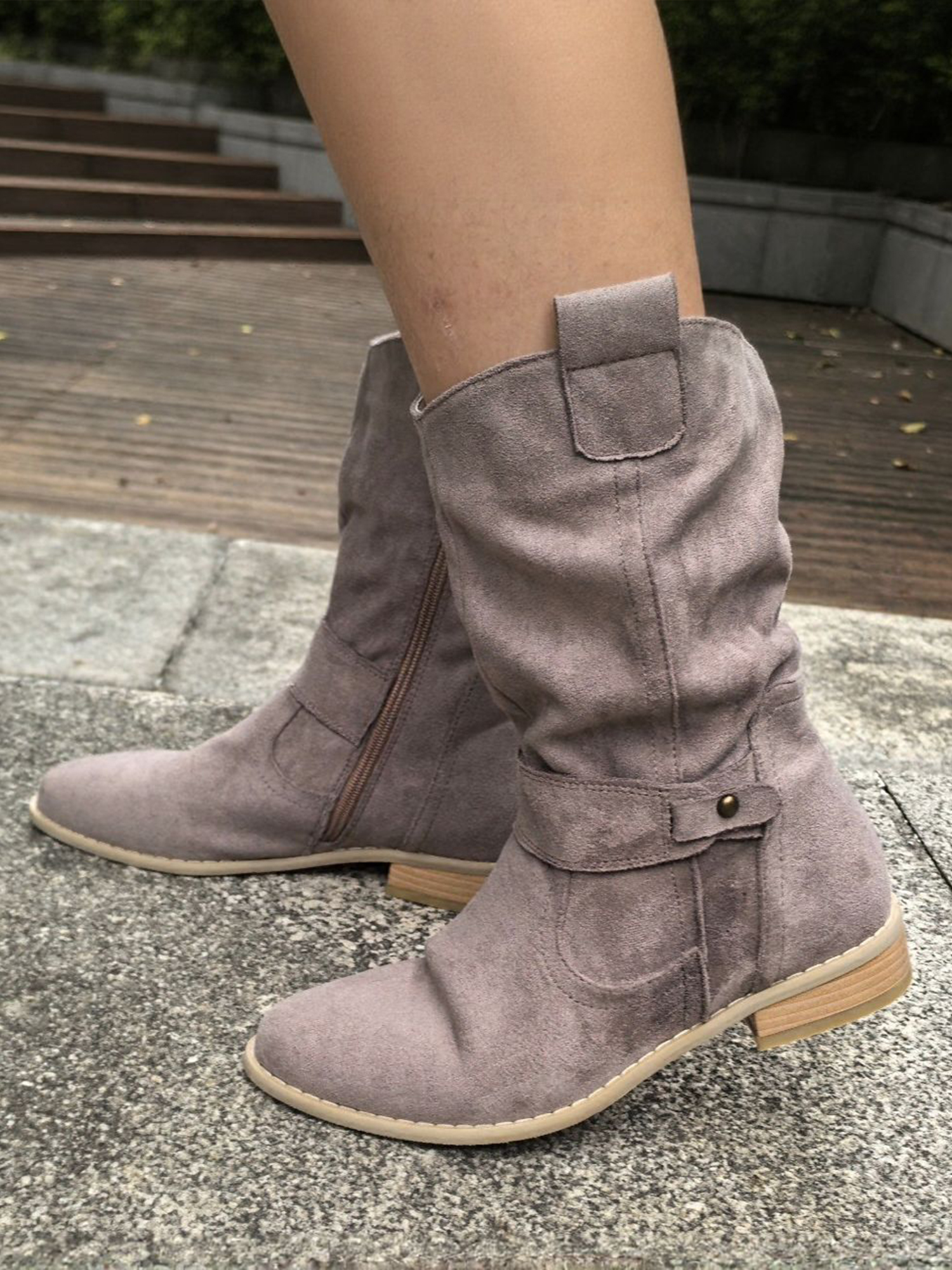 Faux Suede Low Heel Round Toe Ankle Boots Gray/5.5