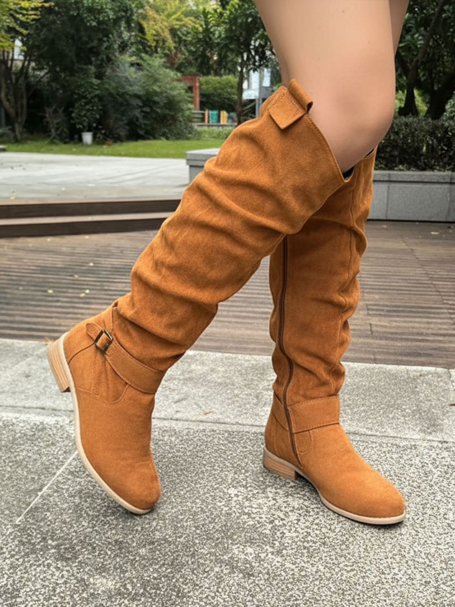 Faux Suede Round Toe Side Zipper Knee High Boots Brown/4