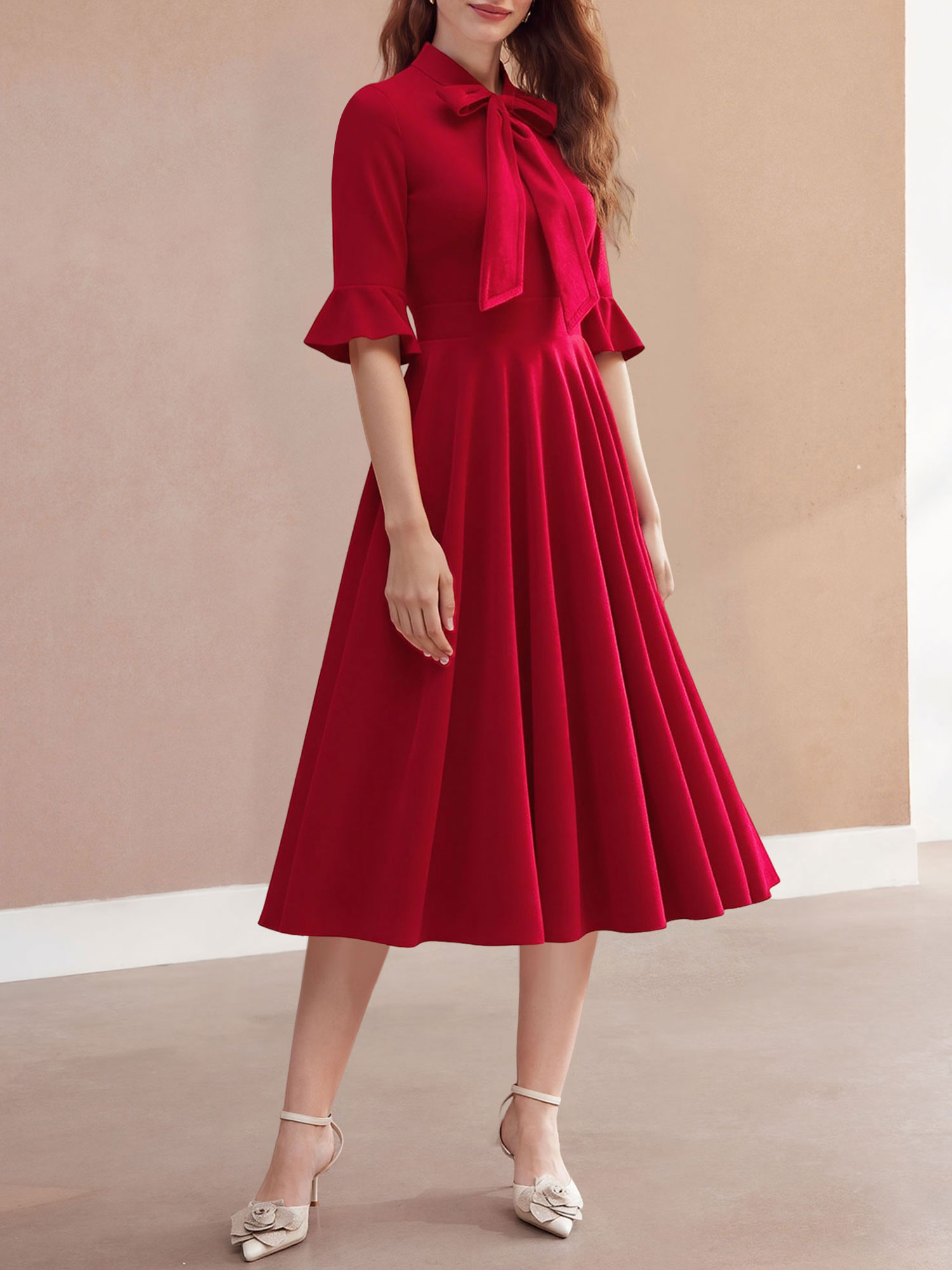 Vintage Velvet Ruffled Sleeves Bow Tie Midi Swing Dress Red/S