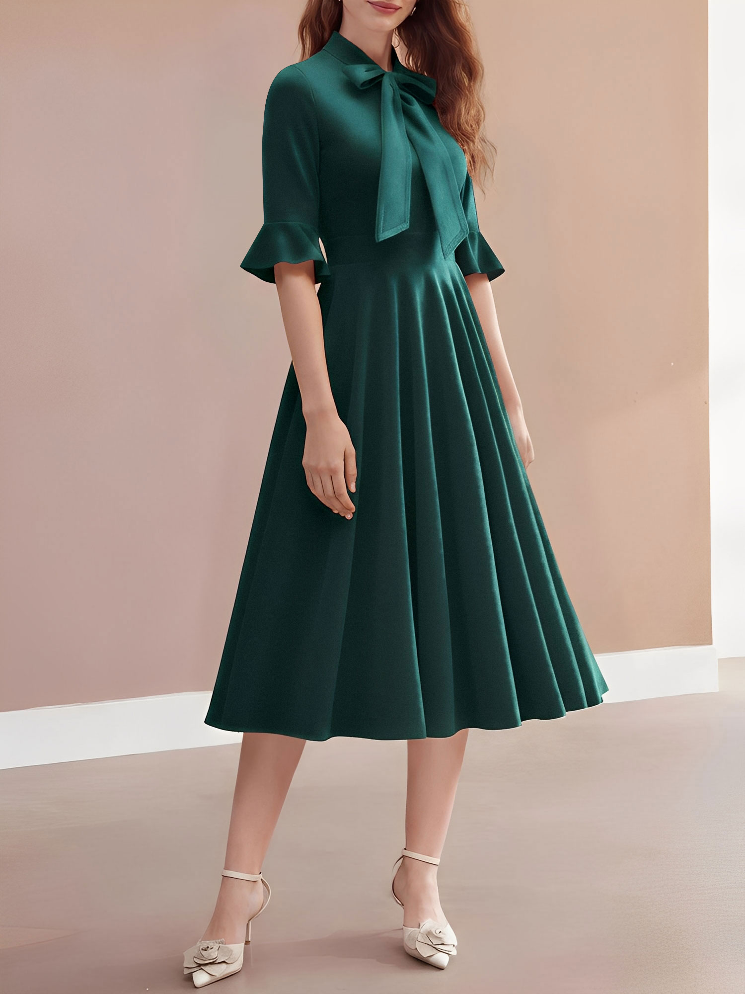 Vintage Velvet Ruffled Sleeves Bow Tie Midi Swing Dress Dark Green/XS