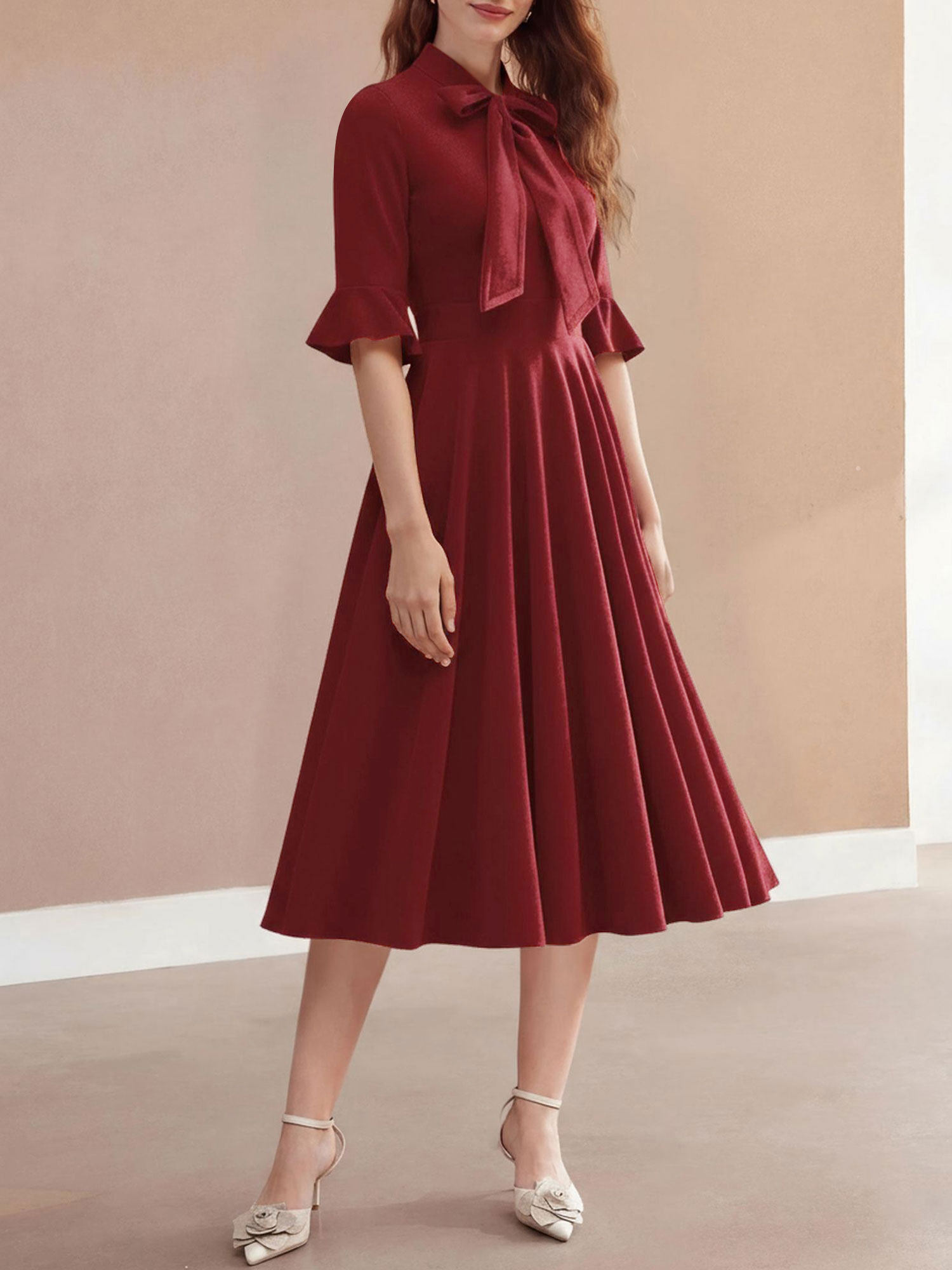 Vintage Velvet Ruffled Sleeves Bow Tie Midi Swing Dress Dark Red/M