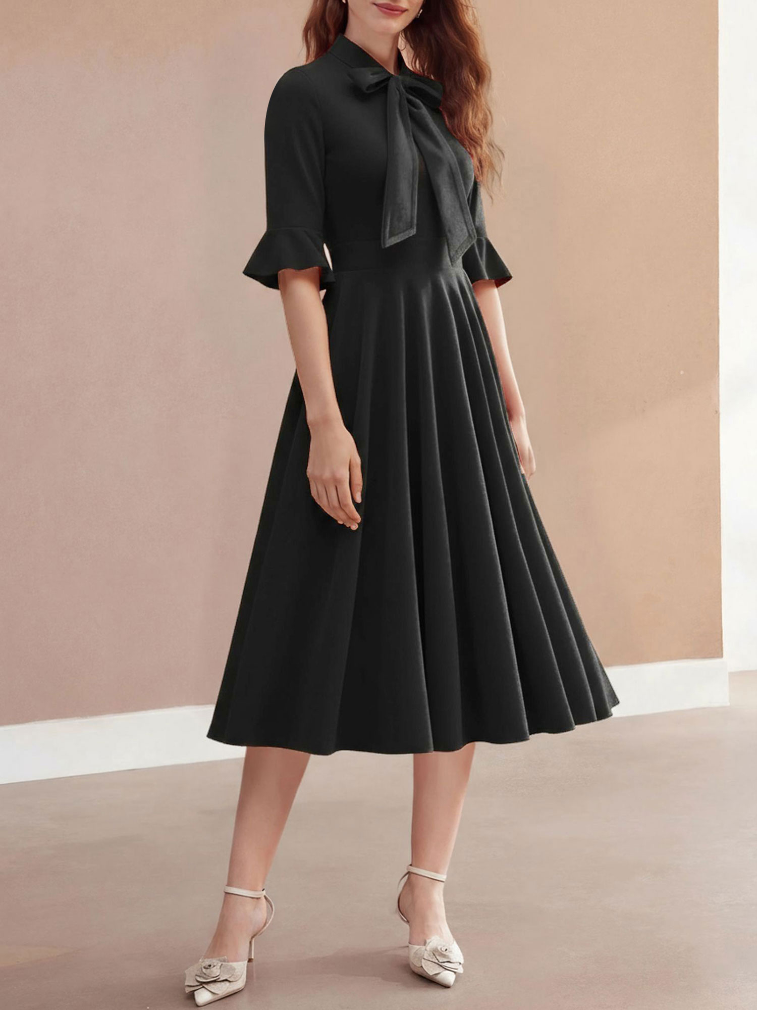 Vintage Velvet Ruffled Sleeves Bow Tie Midi Swing Dress Black/M