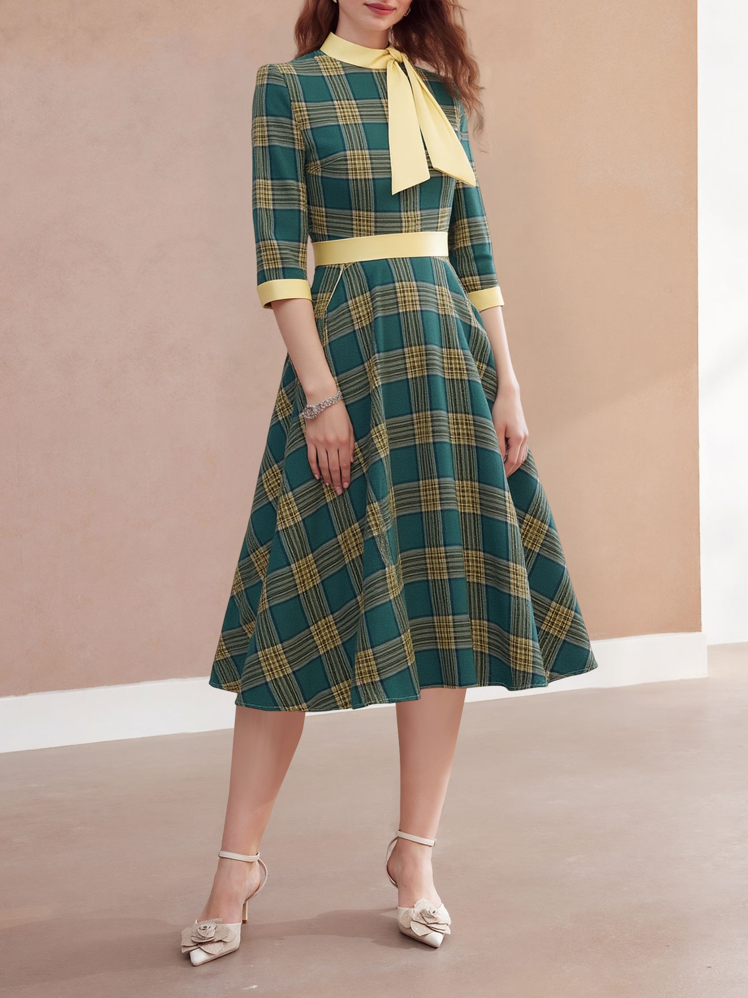 Bow Tie Neck 3/4 Sleeves Pockets Plaid A-Line Dress Green/XS