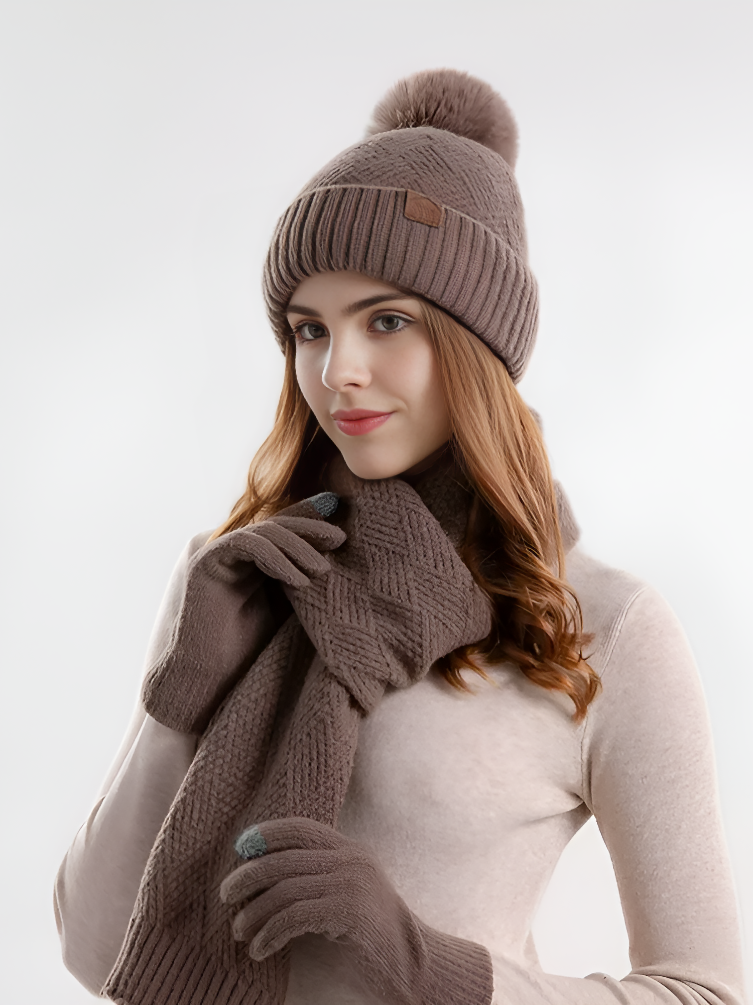3 Pieces Knitted Beanie Hat & Scarf & Gloves Set Khaki/M