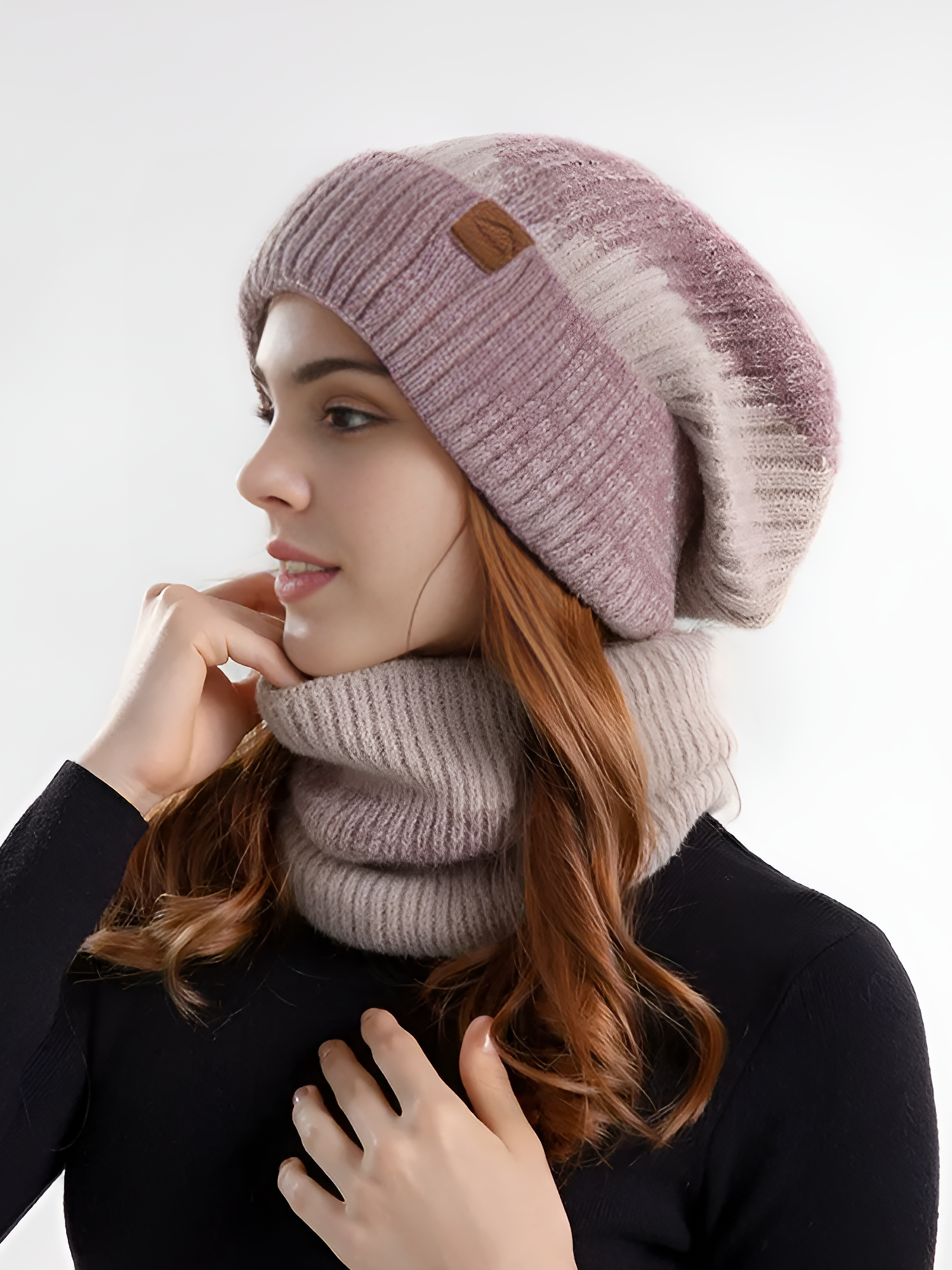 2 Pieces Knitted Beanie Hat & Scarf Set Pink/M