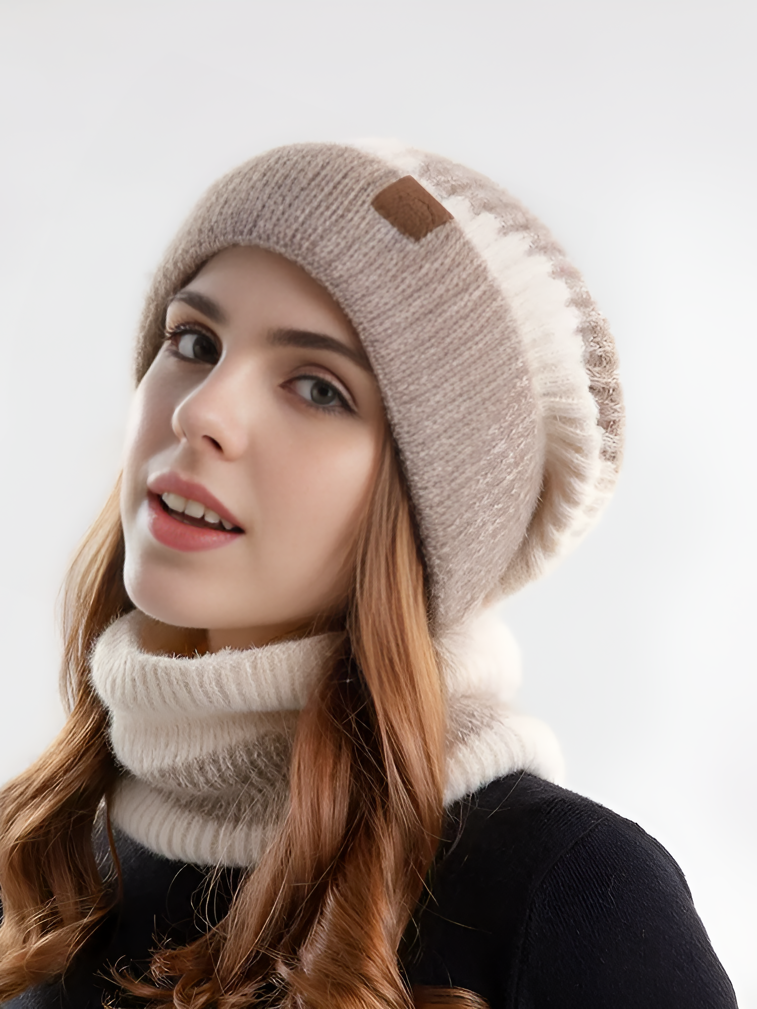 2 Pieces Knitted Beanie Hat & Scarf Set Apricot/M