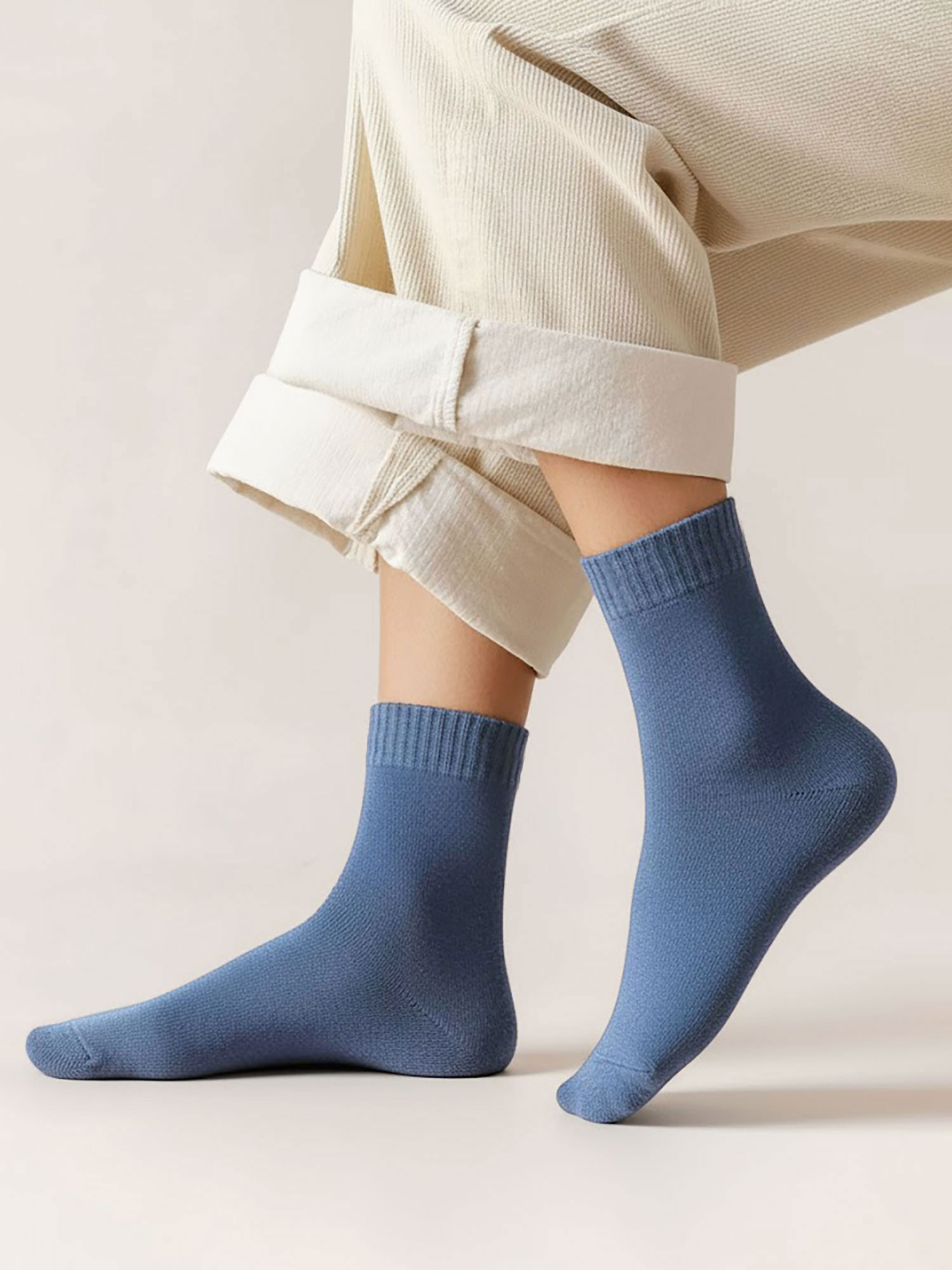 5 Pairs Thickened Warm Solid Color Mid-Calf Socks Navy/M