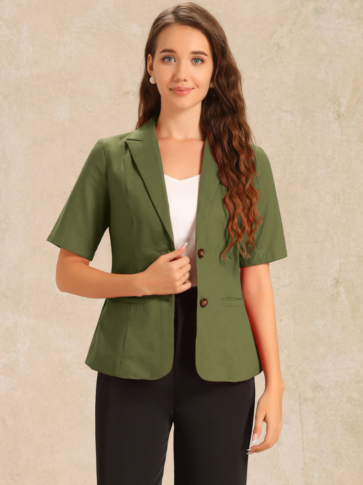 Cotton Linen Office Business Short Sleeve Notched Lapel Blazer Jacket Army Green/L