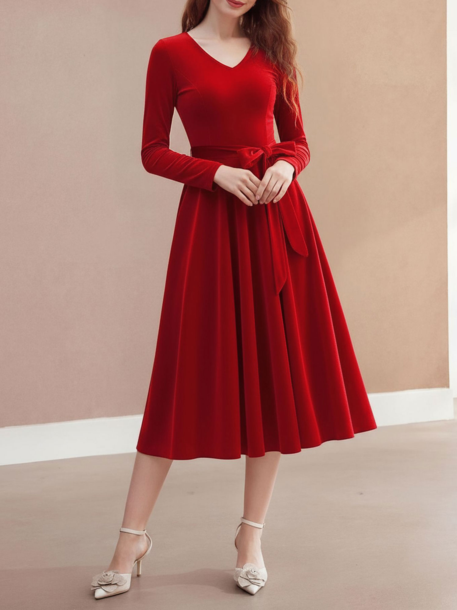 Christmas Velvet V Neck Long Sleeves Midi A-Line Dress Red/M