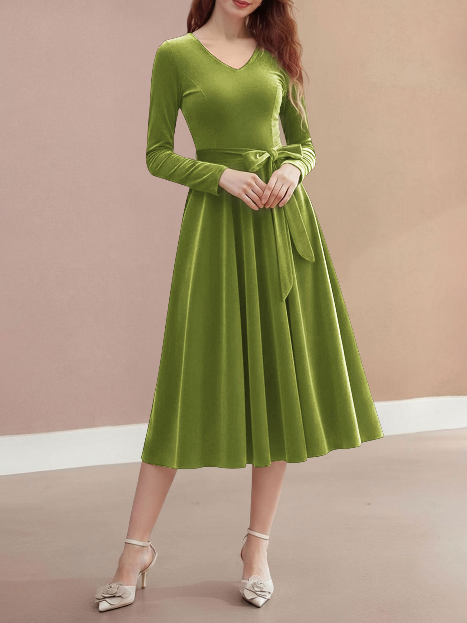 Christmas Velvet V Neck Long Sleeves Midi A-Line Dress Olive Green/M
