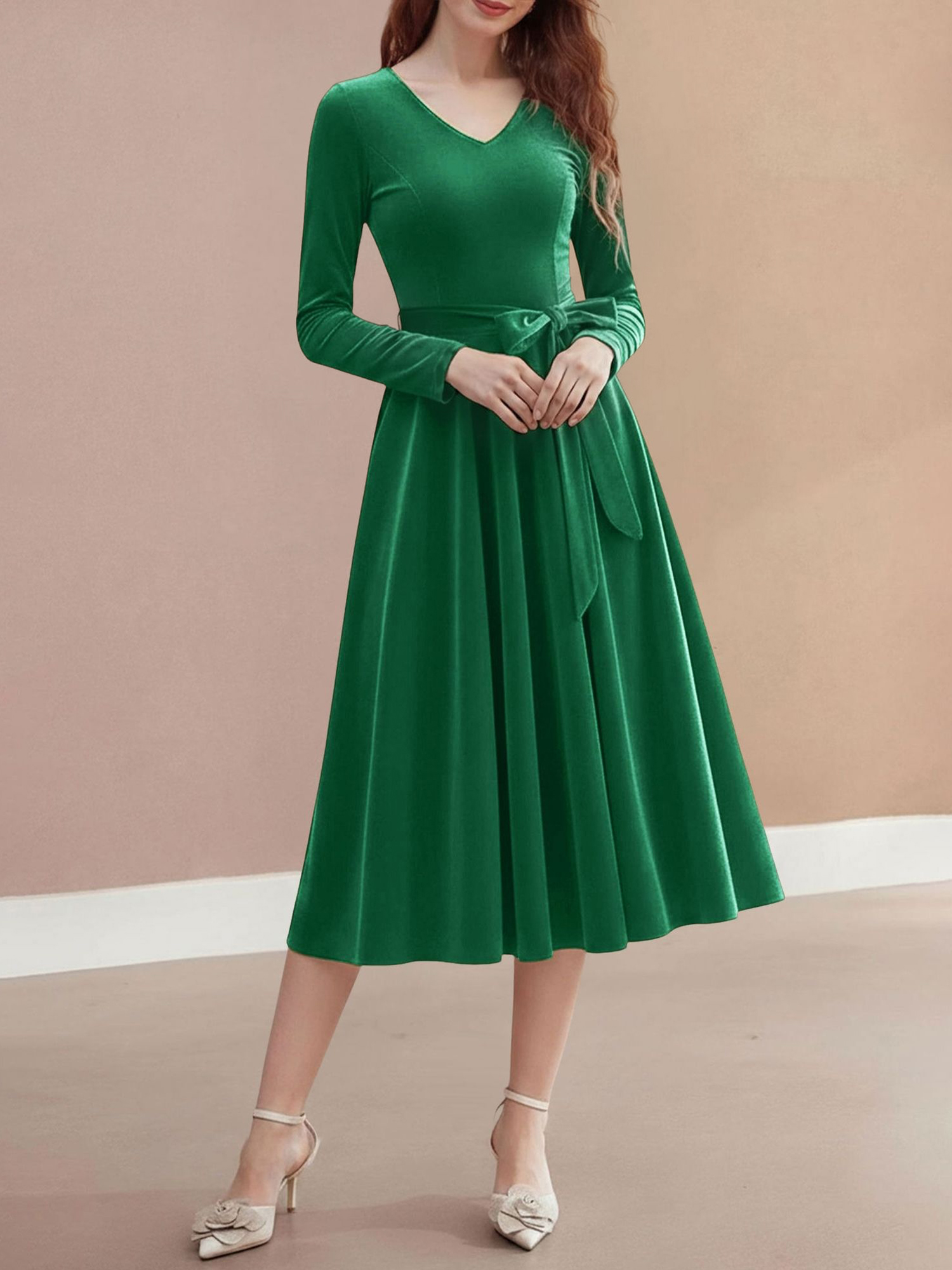 Christmas Velvet V Neck Long Sleeves Midi A-Line Dress Dark Green/XS