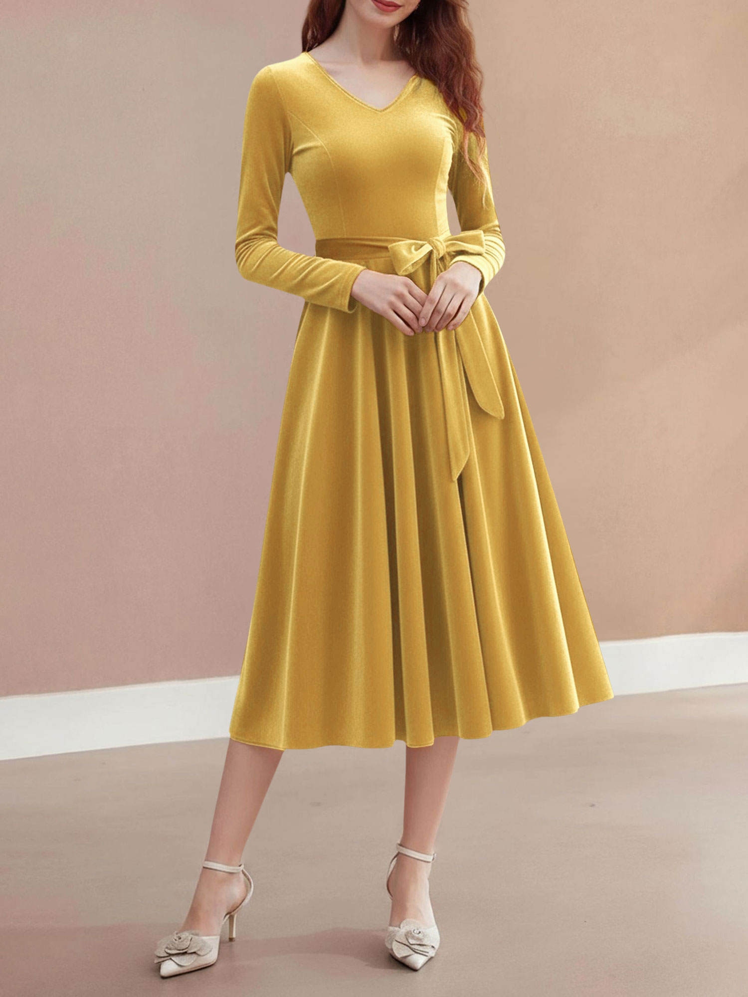 Christmas Velvet V Neck Long Sleeves Midi A-Line Dress Yellow/M