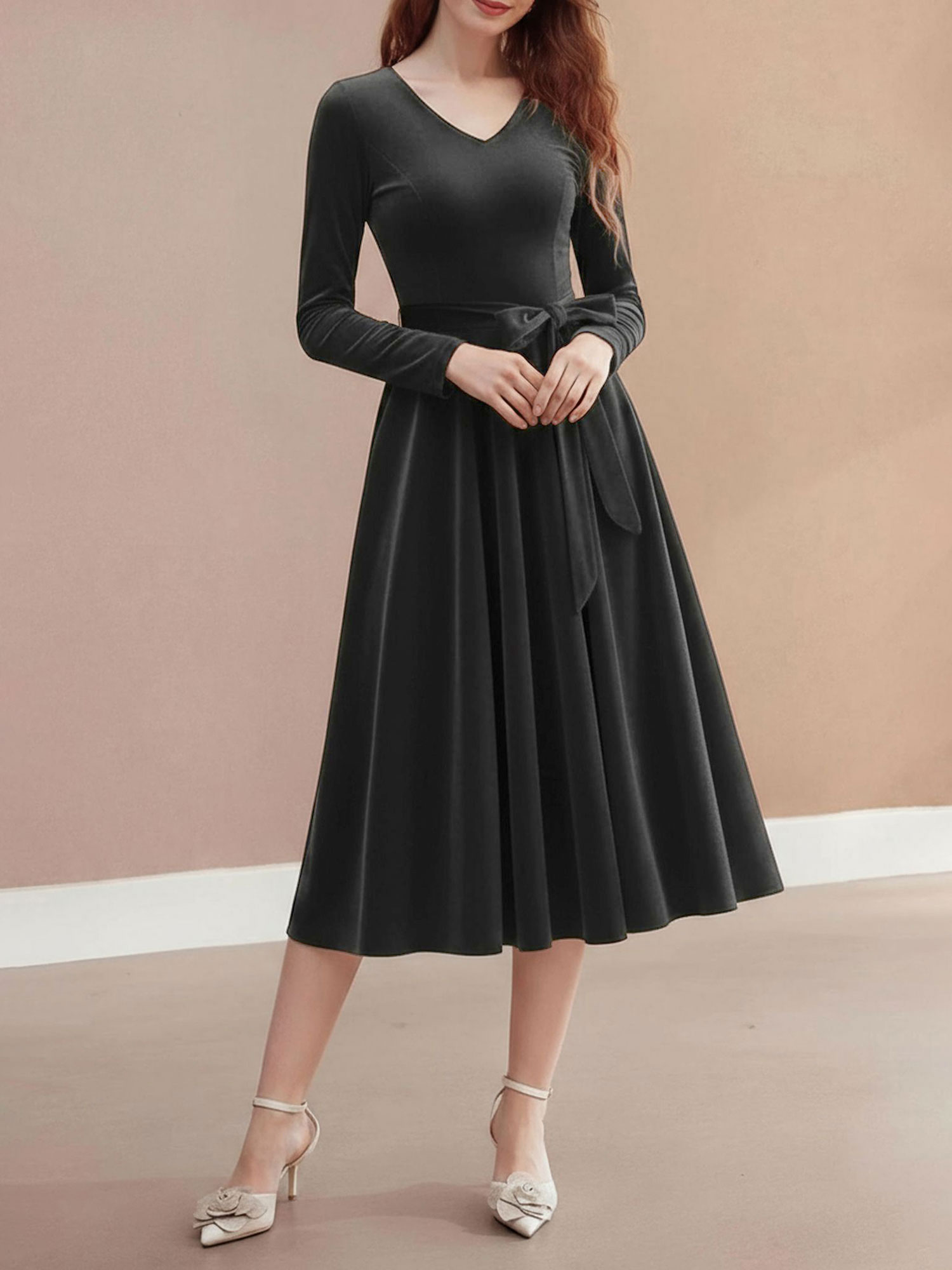 Christmas Velvet V Neck Long Sleeves Midi A-Line Dress Black/XL