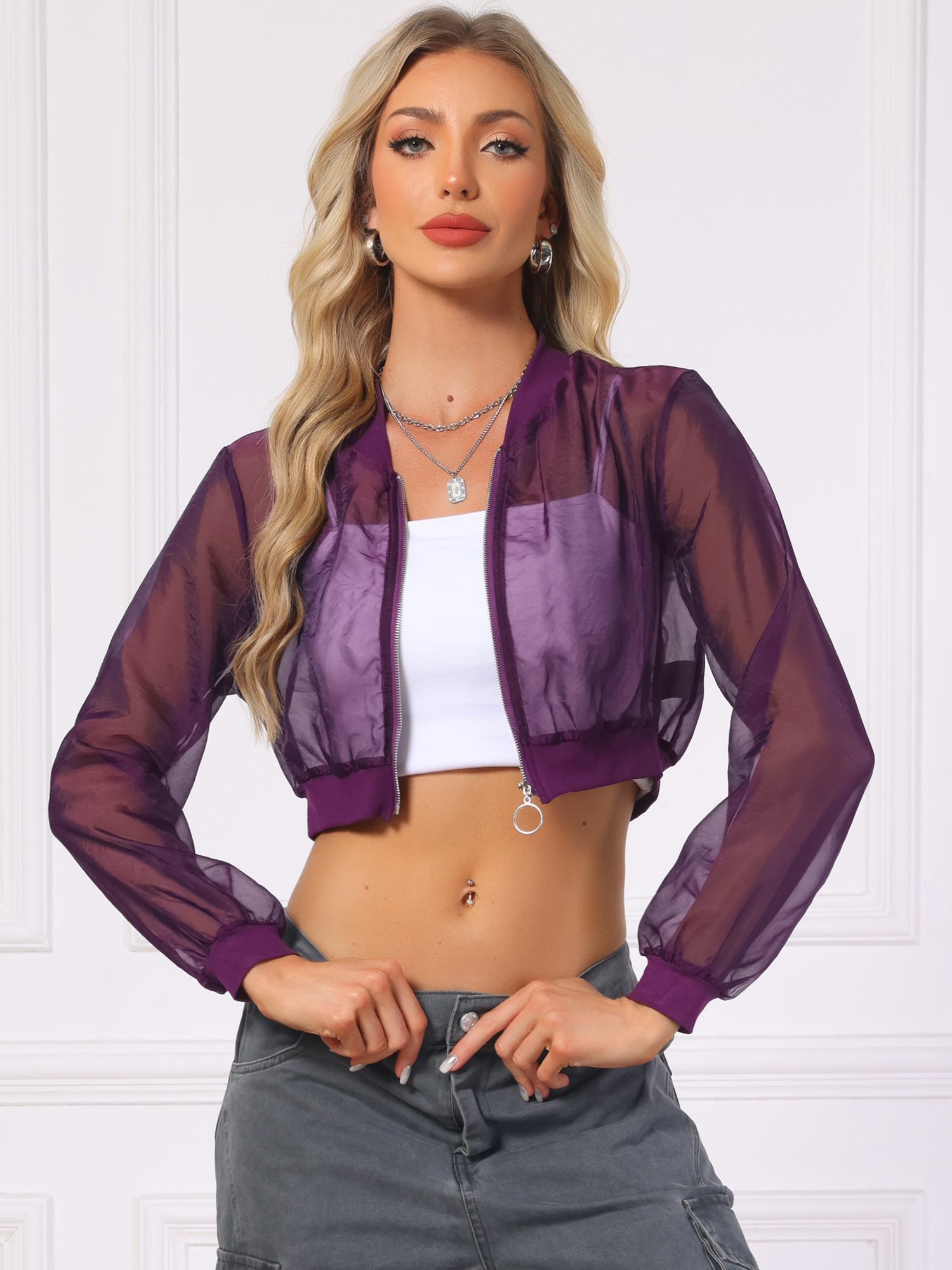 Bomber Long Sleeve Crop Mesh Sheer Zip Up Jackets Dark Purple/XL