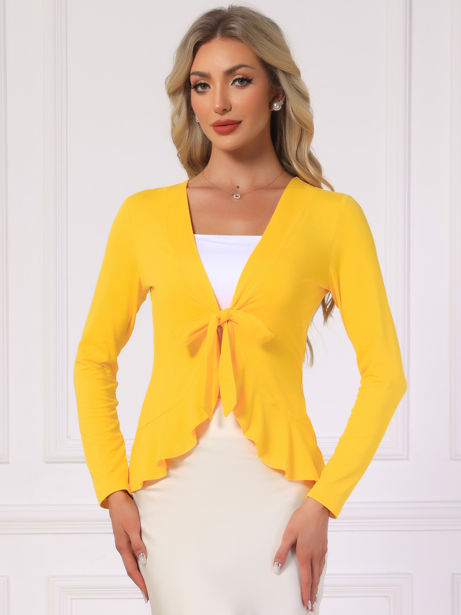 Women's Tie Front Knit Ruffled Long Sleeve Open Cardigan Deep Yellow/S