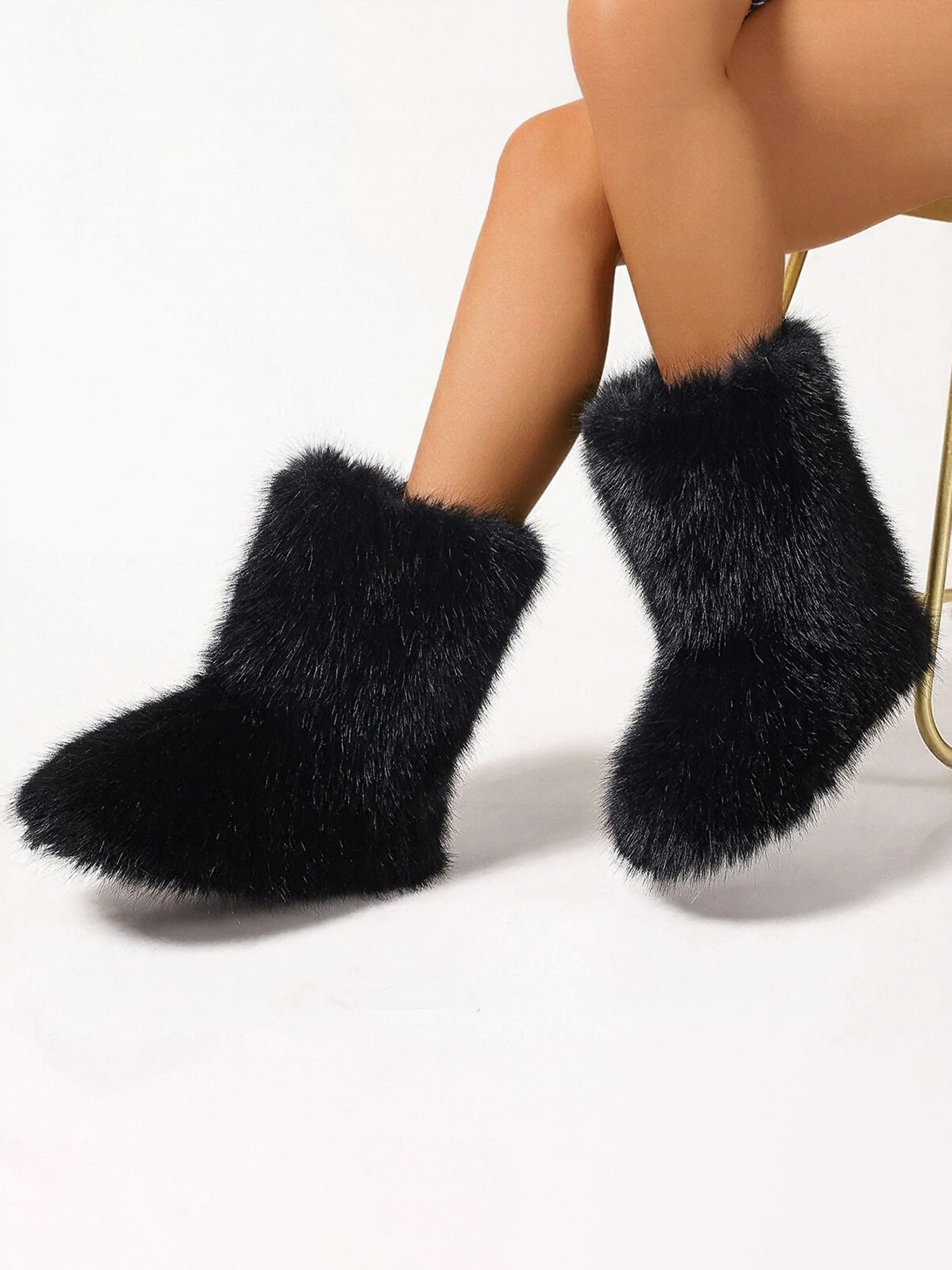 Faux Fox Fur Non-Slip Soles Winter Snow Ankle Boots Black/7