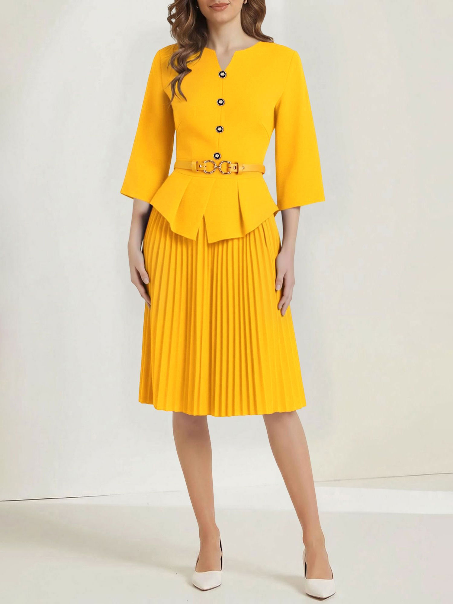 Notch Neck 3/4 Sleeves Belted Pleated Midi Work Dress Yellow/XS