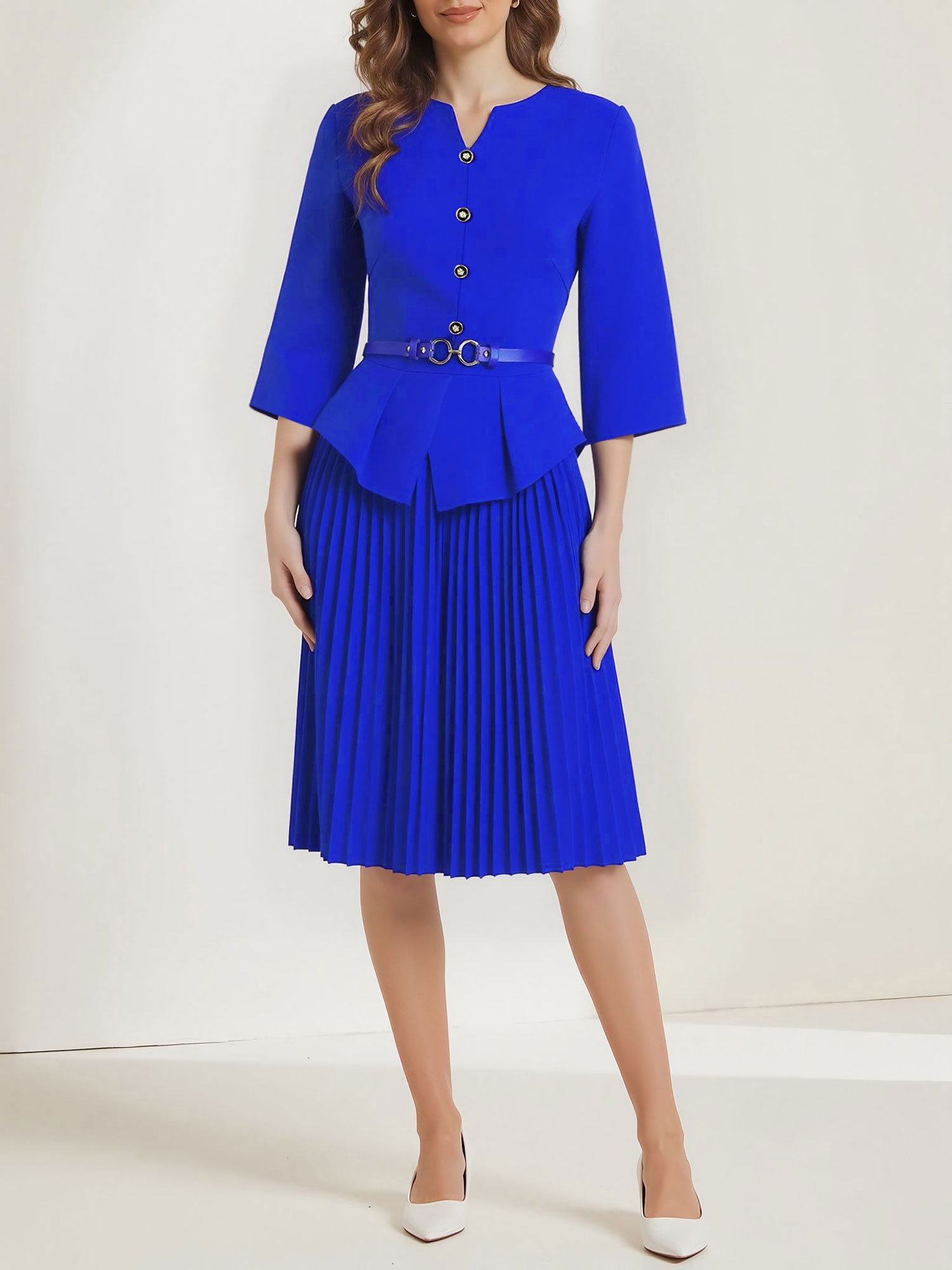 Notch Neck 3/4 Sleeves Belted Pleated Midi Work Dress Royal Blue/M