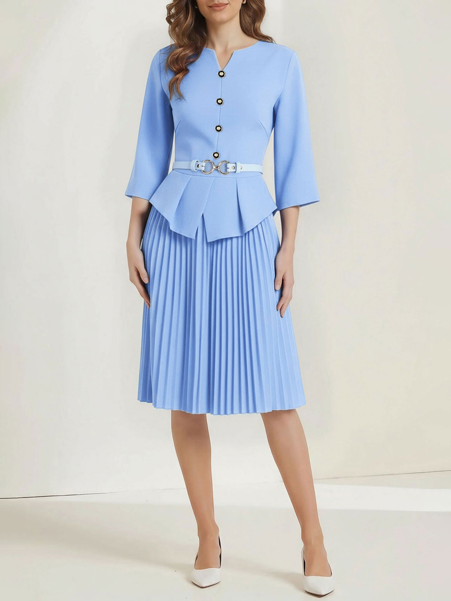 Notch Neck 3/4 Sleeves Belted Pleated Midi Work Dress Blue/M