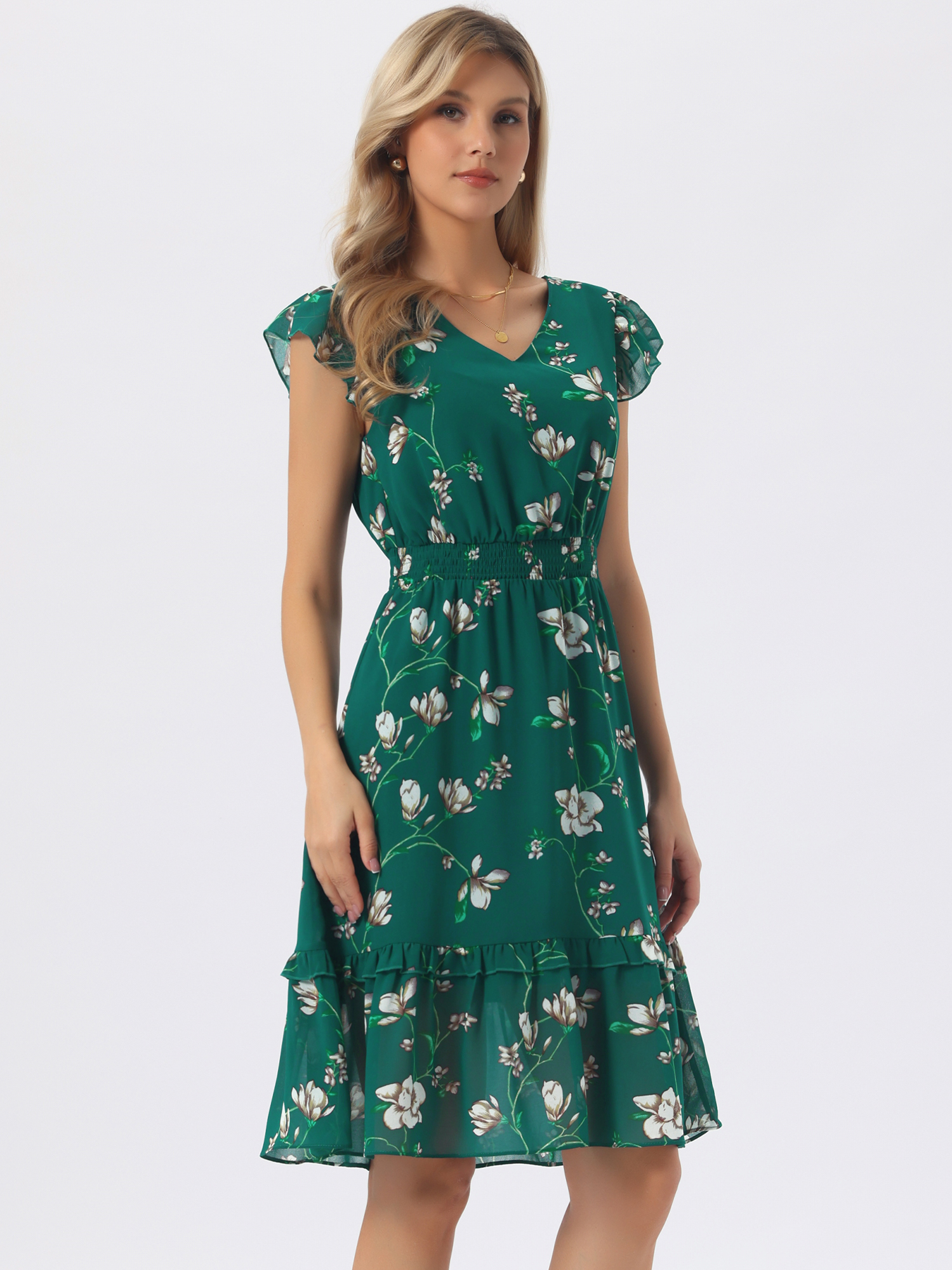 Allegra – Floral Flutter Sleeve V Neck Smocked Ruffle Dress Dark Green/M