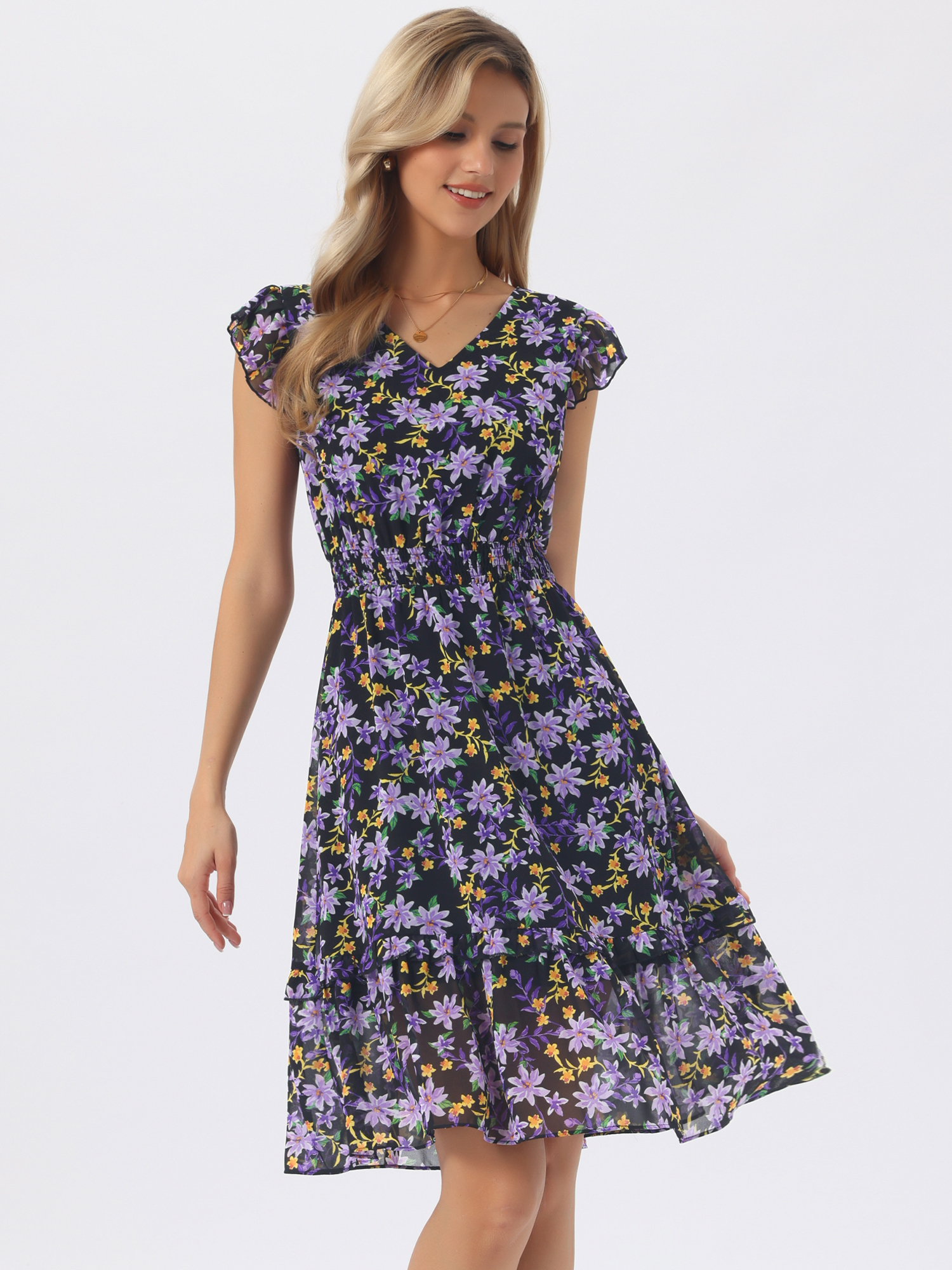 Floral Flutter Sleeve V Neck Smocked Ruffle Dress Purple Black/XS