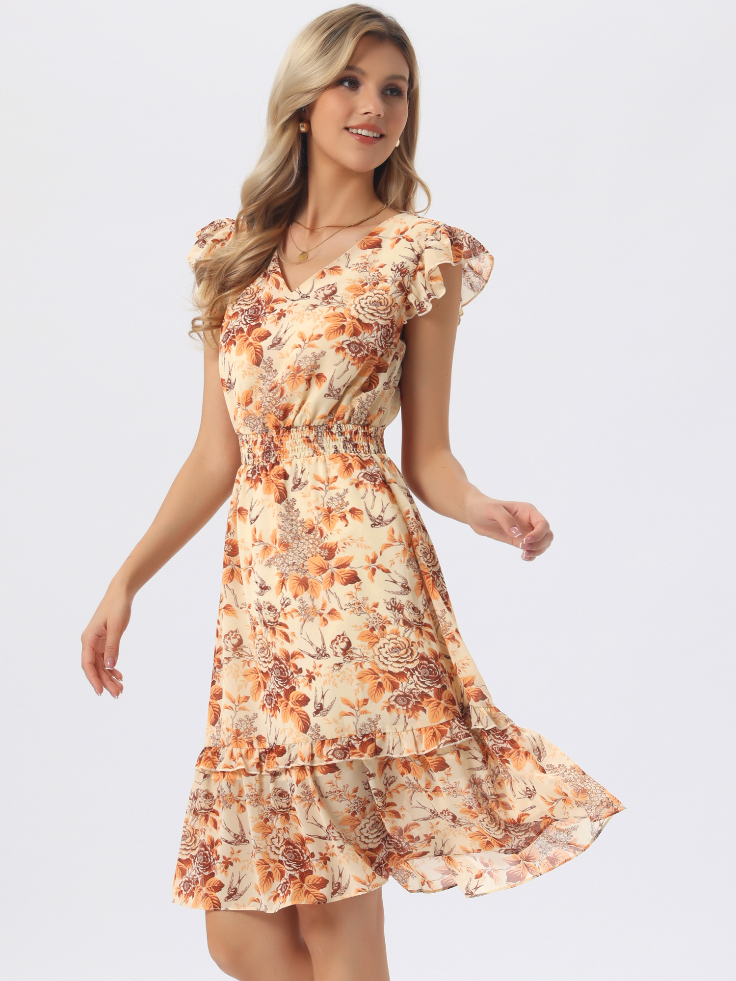 Floral Flutter Sleeve V Neck Smocked Ruffle Dress Orange Brown/XL