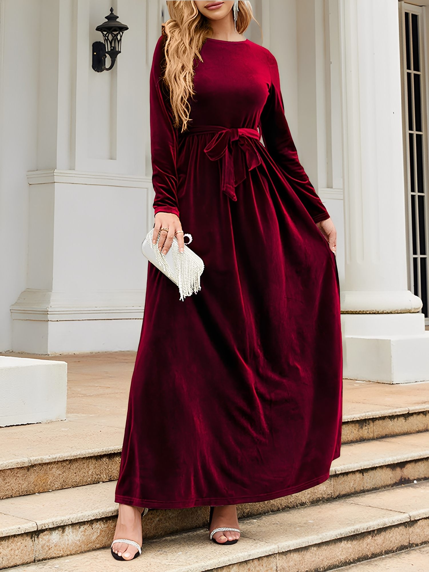 Velvet Round Neck Belted Maxi A-Line Dress Dark Red/XL