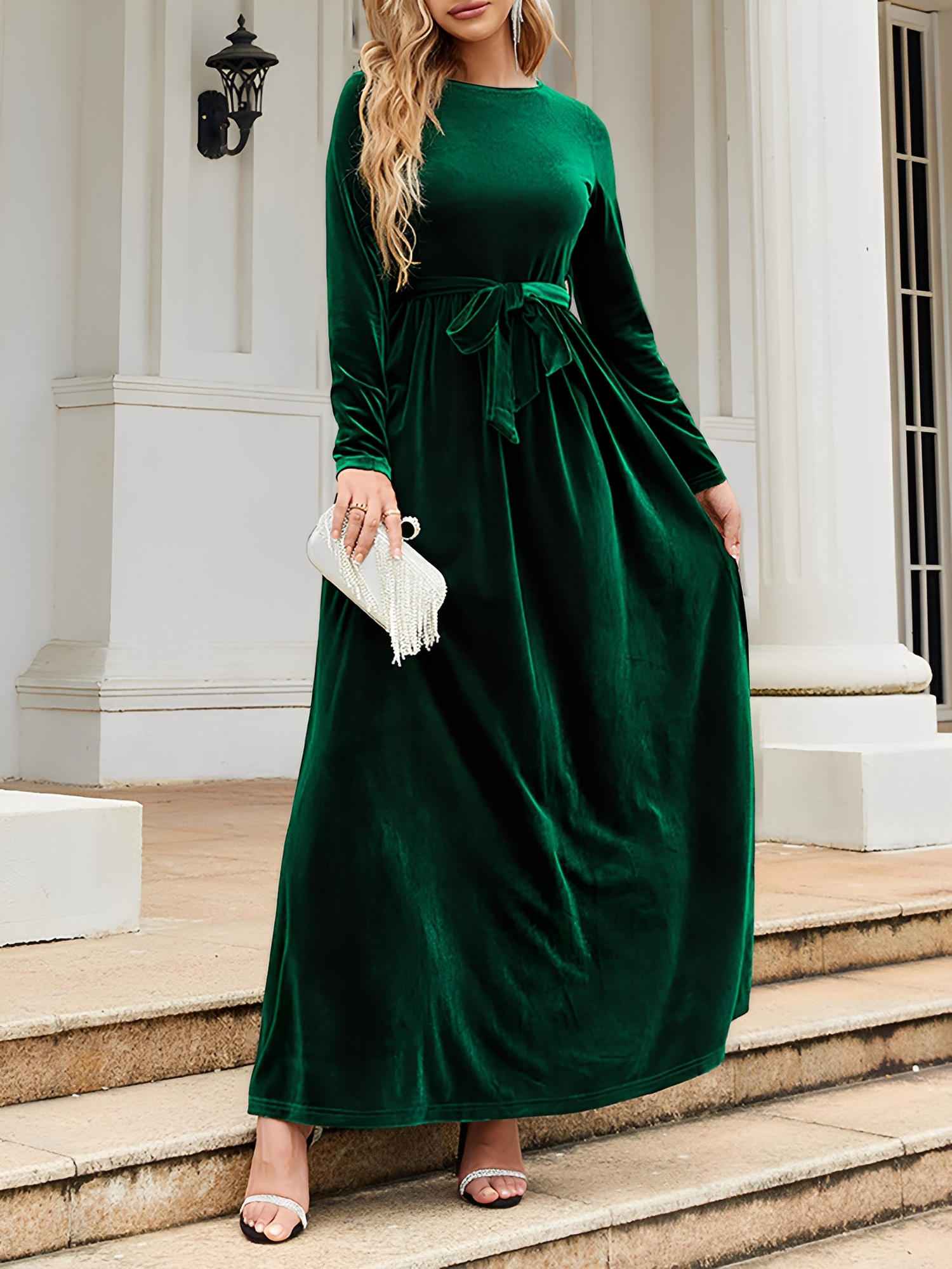 Velvet Round Neck Belted Maxi A-Line Dress Green/XL