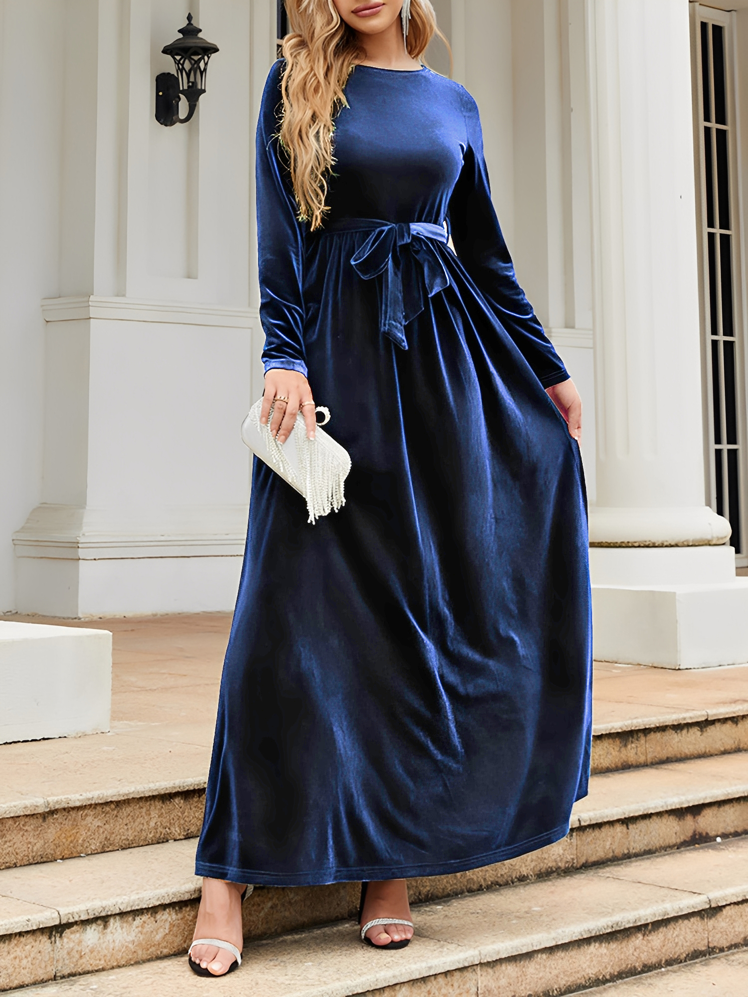 Velvet Round Neck Belted Maxi A-Line Dress Dark Blue/XL