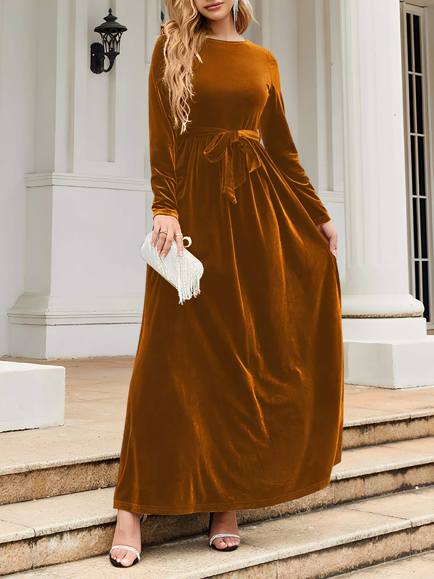 Velvet Round Neck Belted Maxi A-Line Dress Brown/M