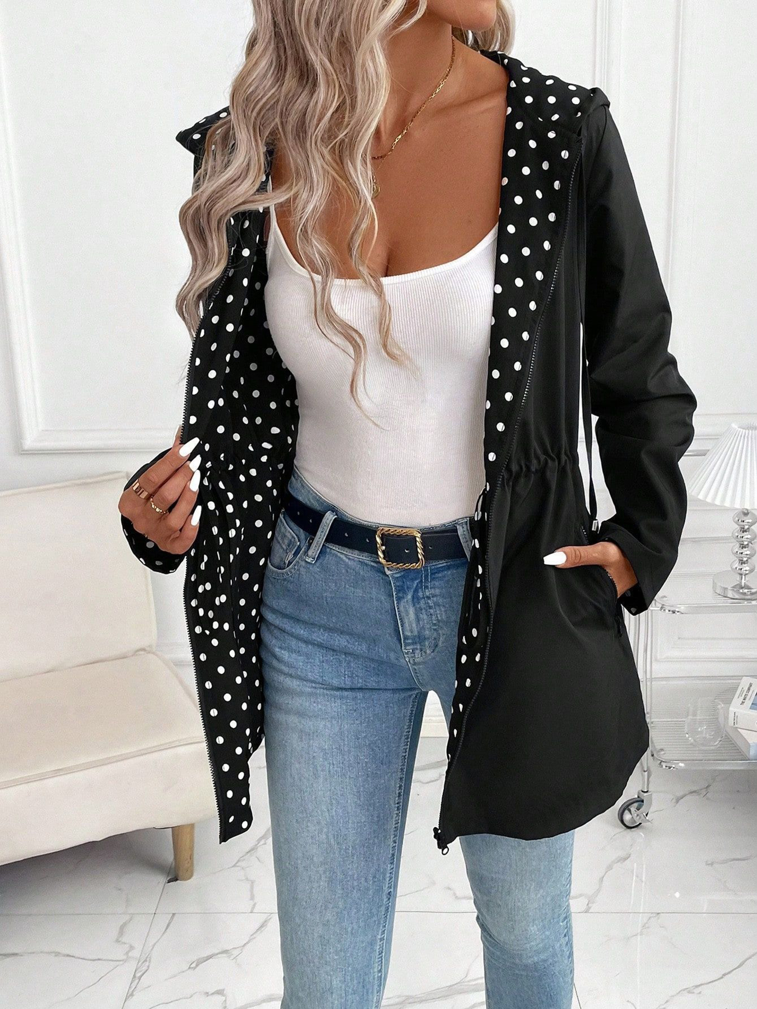 Reversible Hooded Zipper Printed Pockets Jacket Black/M