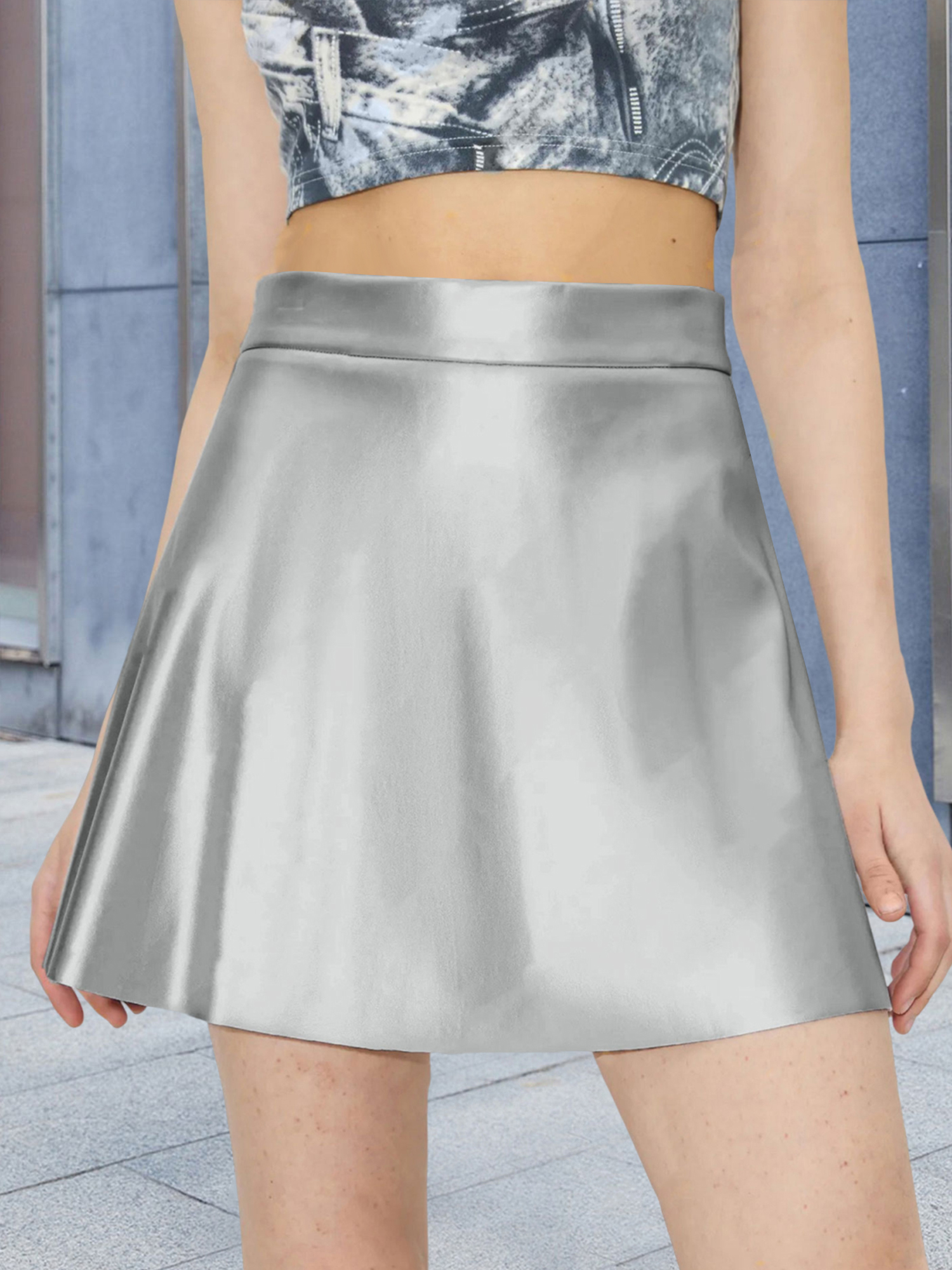 PU Leather A-Line Mini-Length Skirt Silver/S