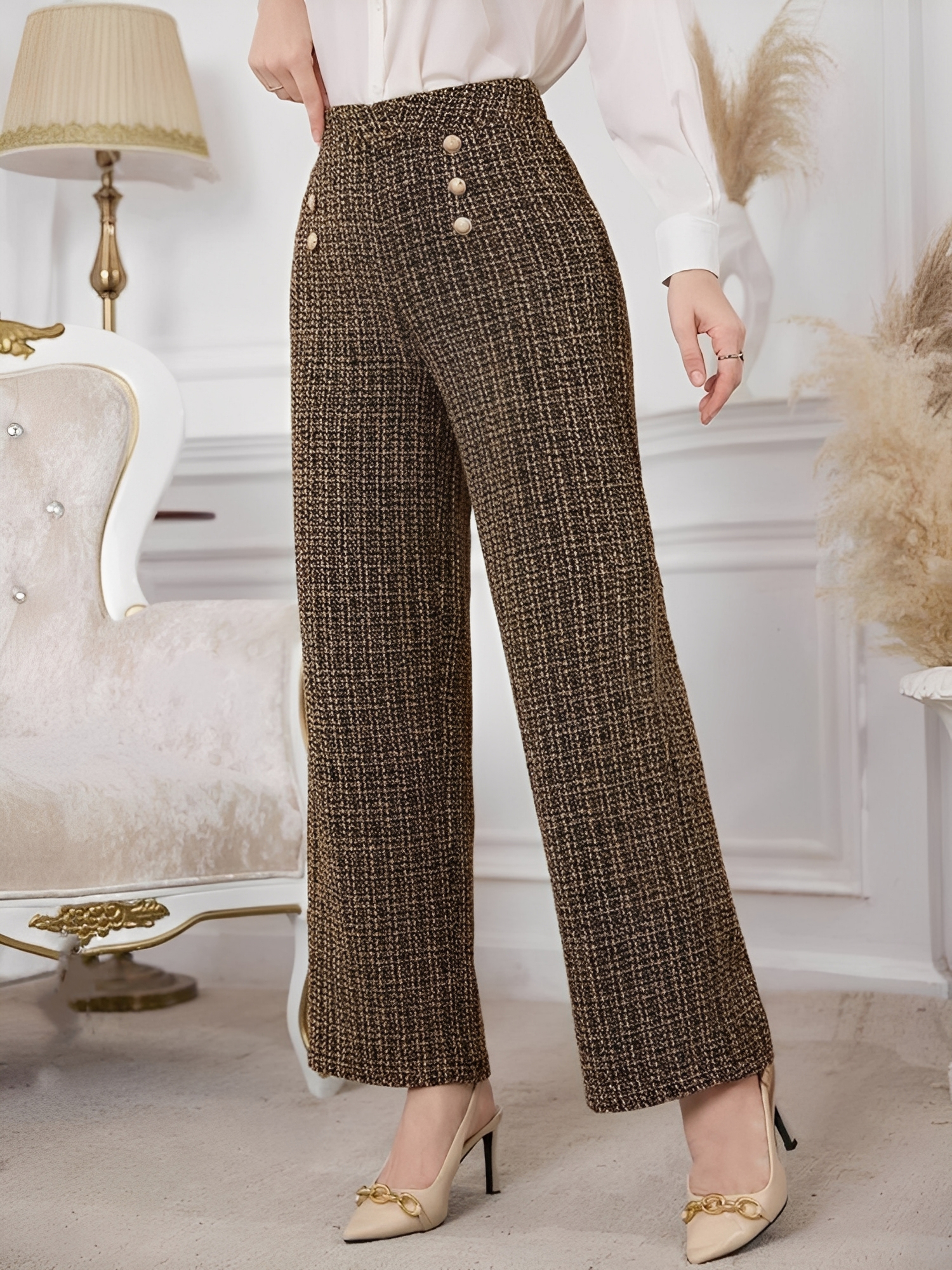 Plaid Tweed High Waisted Wide Legs Trousers Pants Deep Brown/S