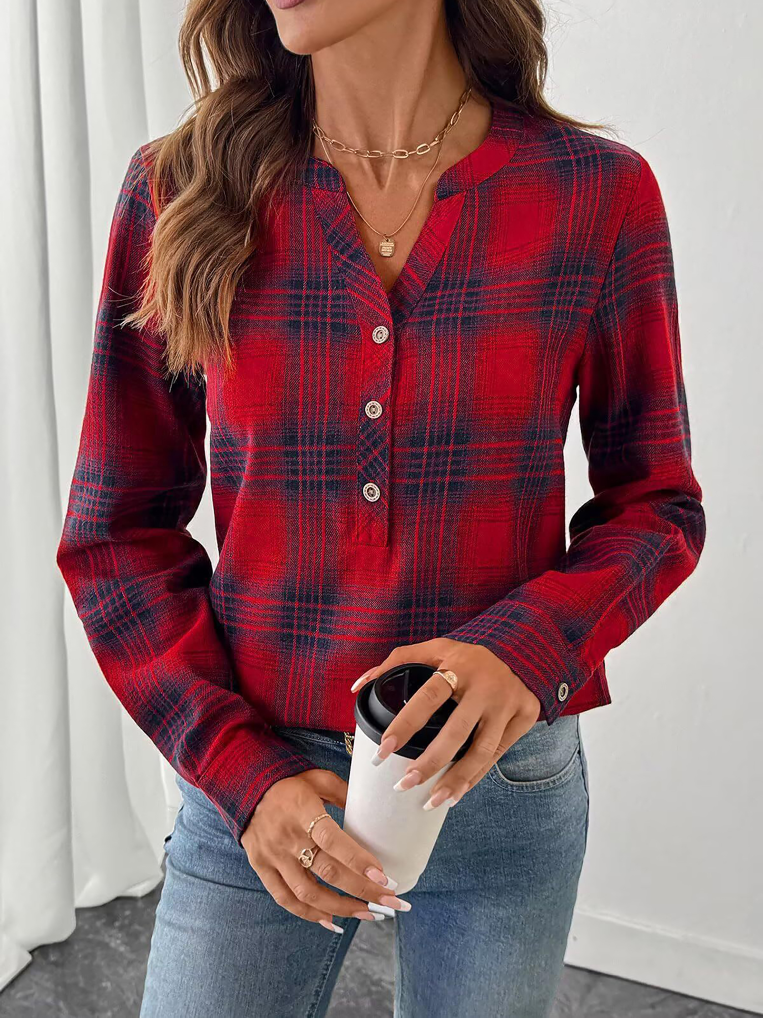 Plaid Buttoned Notch Neck Casual Blouse Red/M