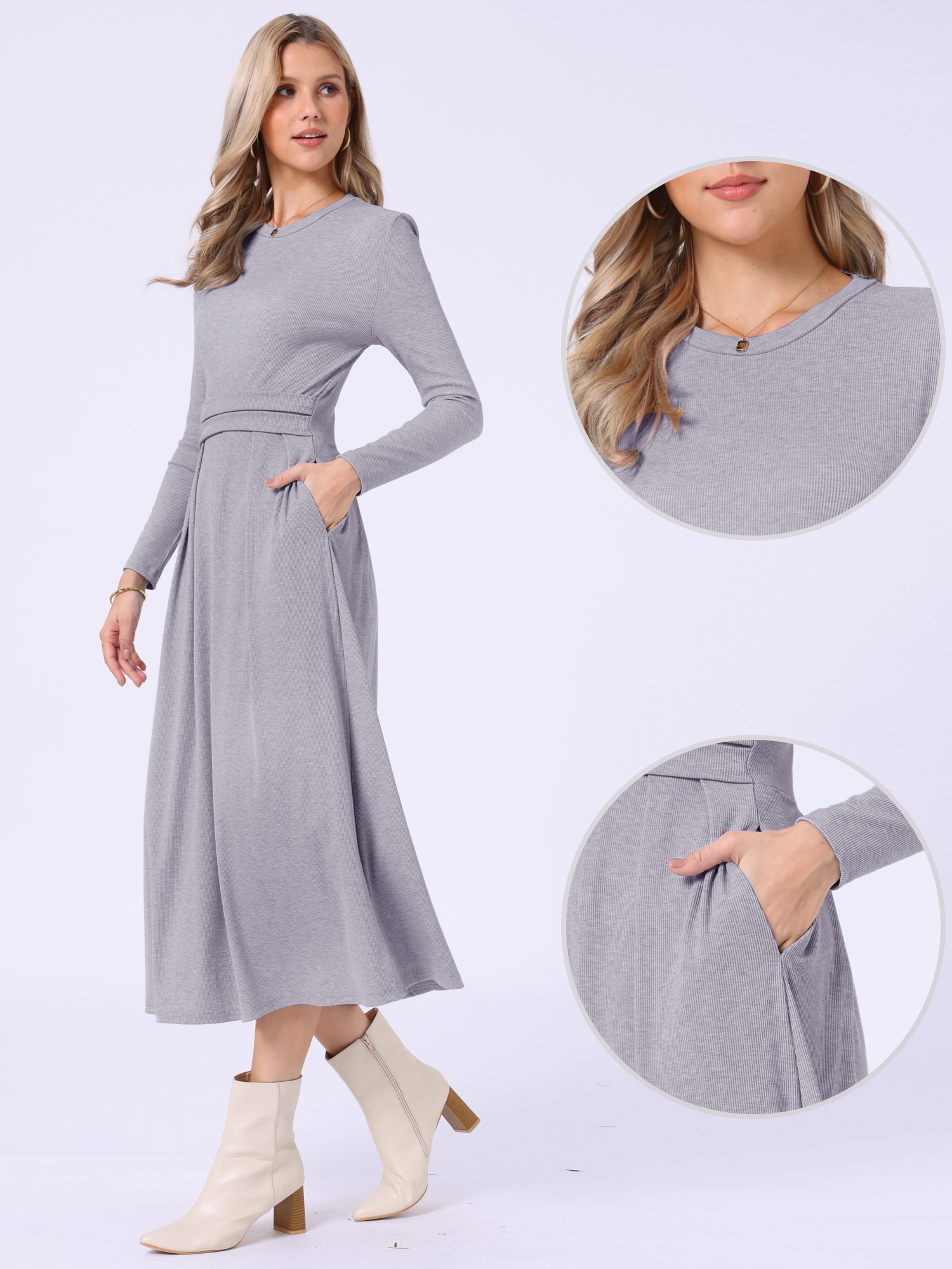 Allegra – Crew Neck Long Sleeve Pocketed A-Line Sweater Dresses Light Purple/M